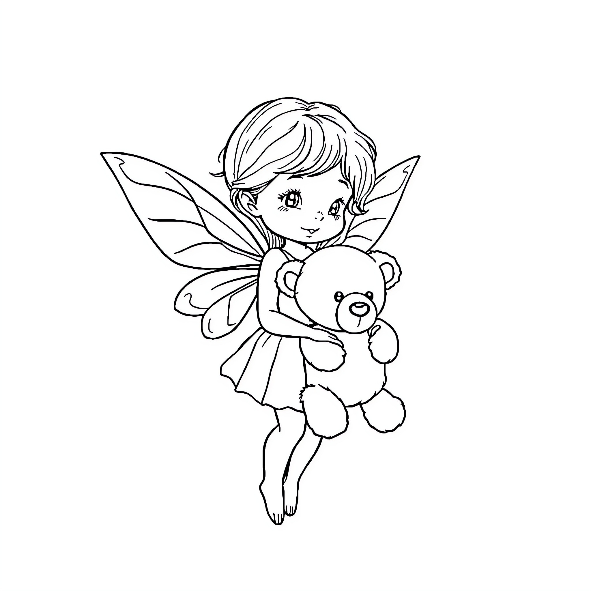Fairy embracing a teddy bear with affection Coloring Page (free black-and-white line drawing printable PDF for all, from beginners to advanced learners, including children, teens, adults, and seniors)