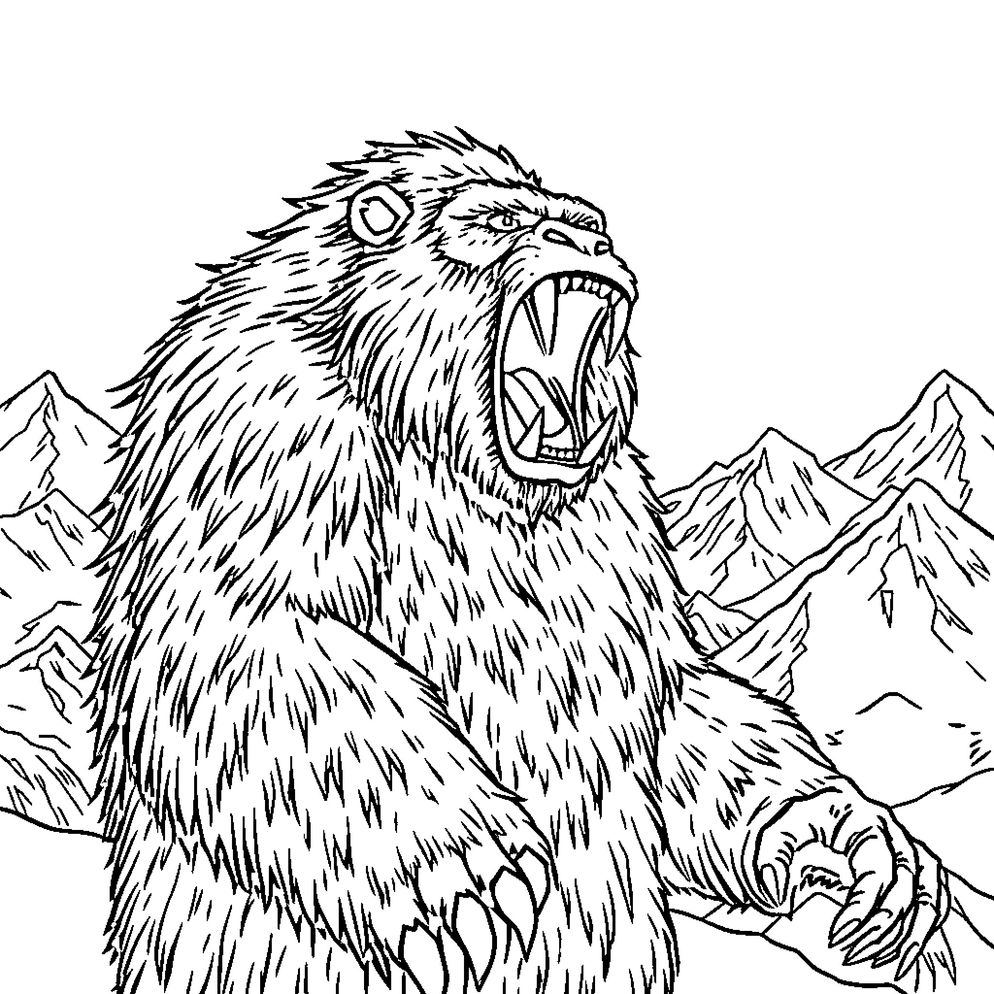 Yeti roaring fiercely in the snowy mountains Coloring Page (free black-and-white line drawing printable PDF for all, from beginners to advanced learners, including children, teens, adults, and seniors)