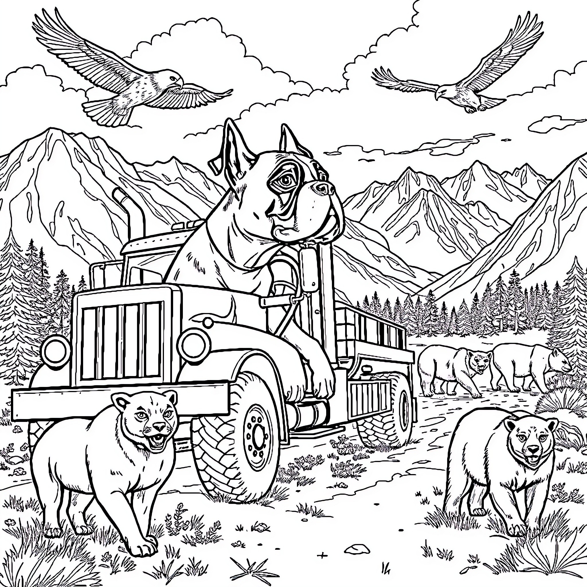 Boxer Driving Truck Through Mountain Wilderness Coloring Page (free black-and-white line drawing printable PDF for all, from beginners to advanced learners, including children, teens, adults, and seniors)