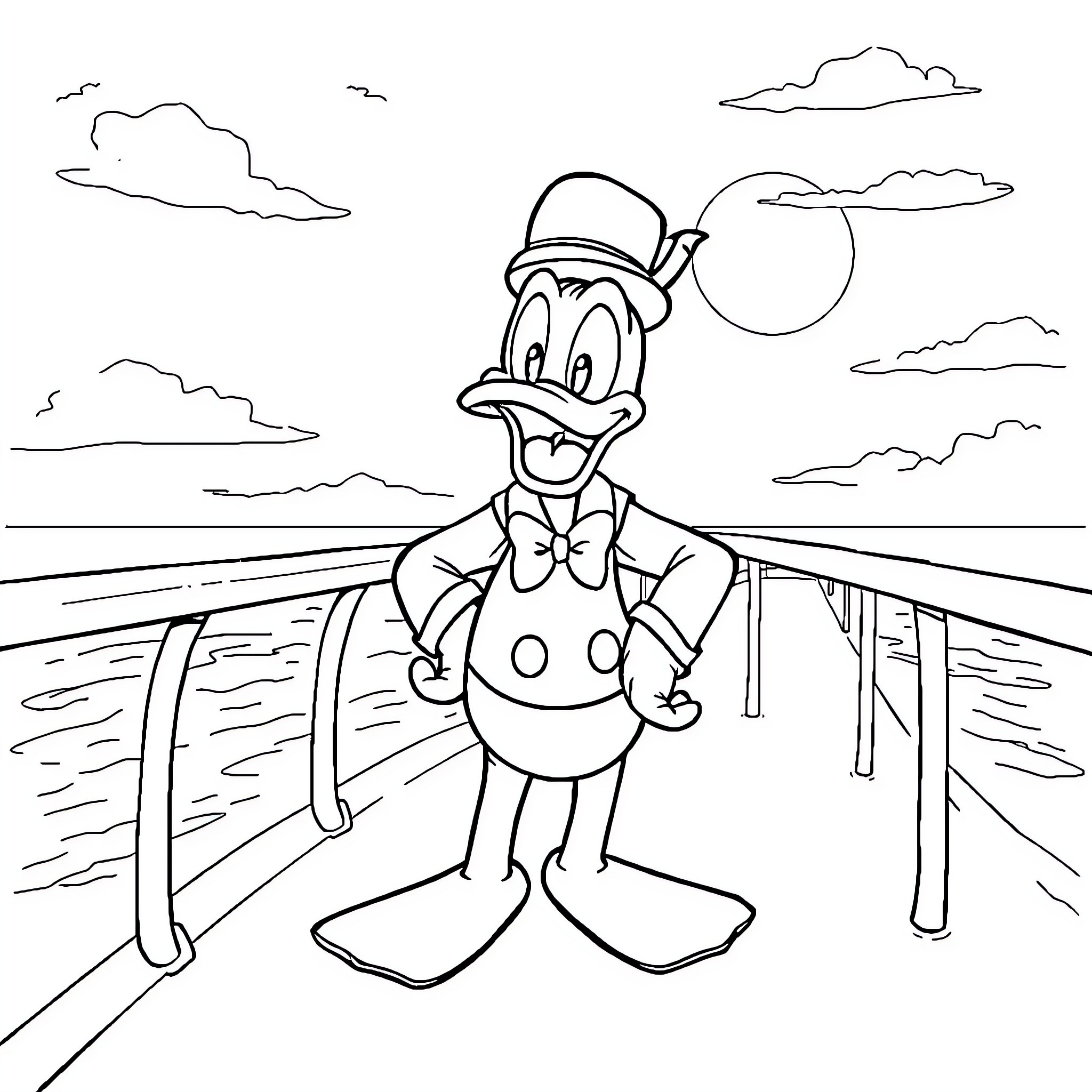 Donald Duck in a Bowtie on a Pier Coloring Page (free black-and-white line drawing printable PDF for all, from beginners to advanced learners, including children, teens, adults, and seniors)