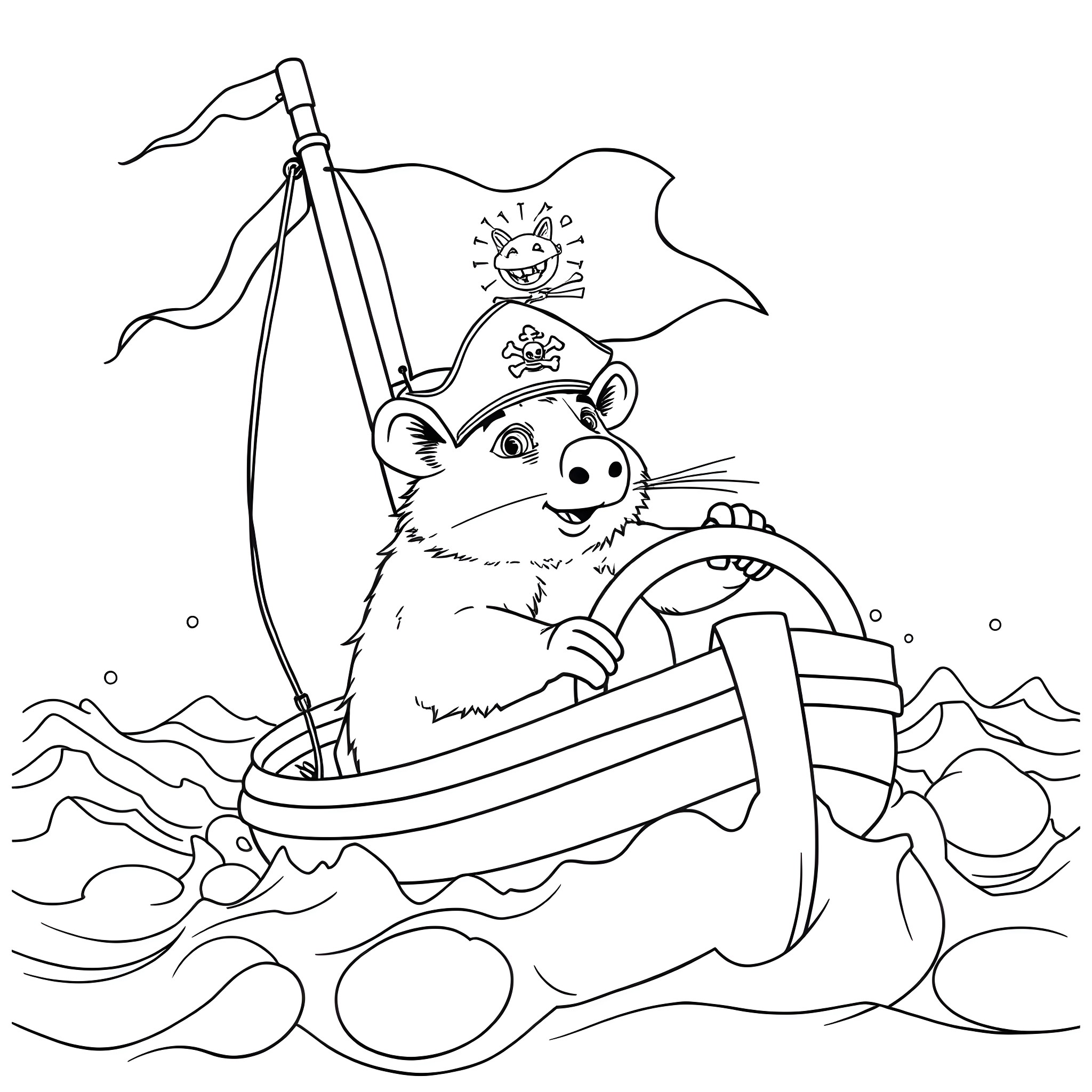Wombat Captain Sailing on a Stormy Sea Coloring Page (free black-and-white line drawing printable PDF for all, from beginners to advanced learners, including children, teens, adults, and seniors)
