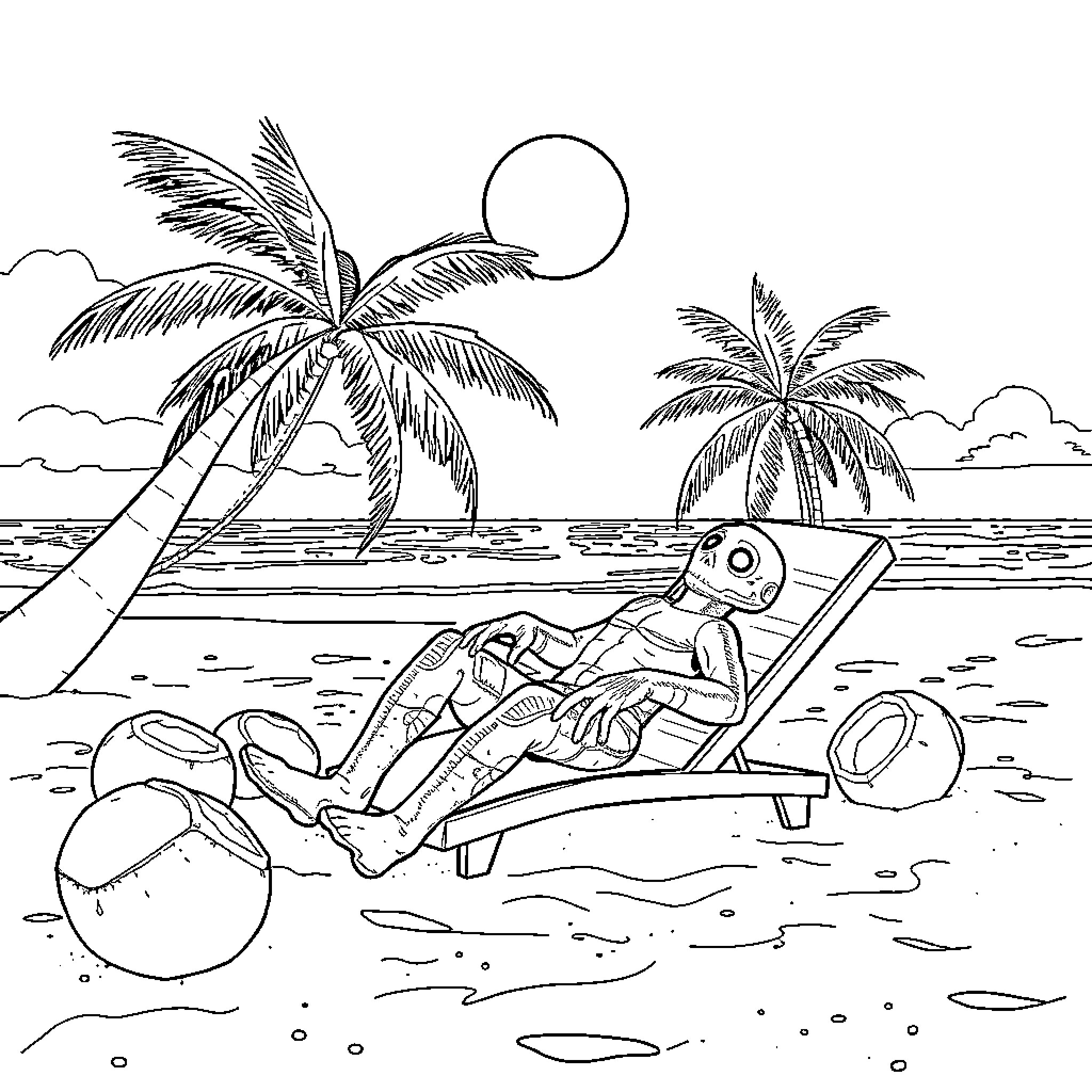 Rocket-powered Beach Relaxation Coloring Page (free black-and-white line drawing printable PDF for all, from beginners to advanced learners, including children, teens, adults, and seniors)