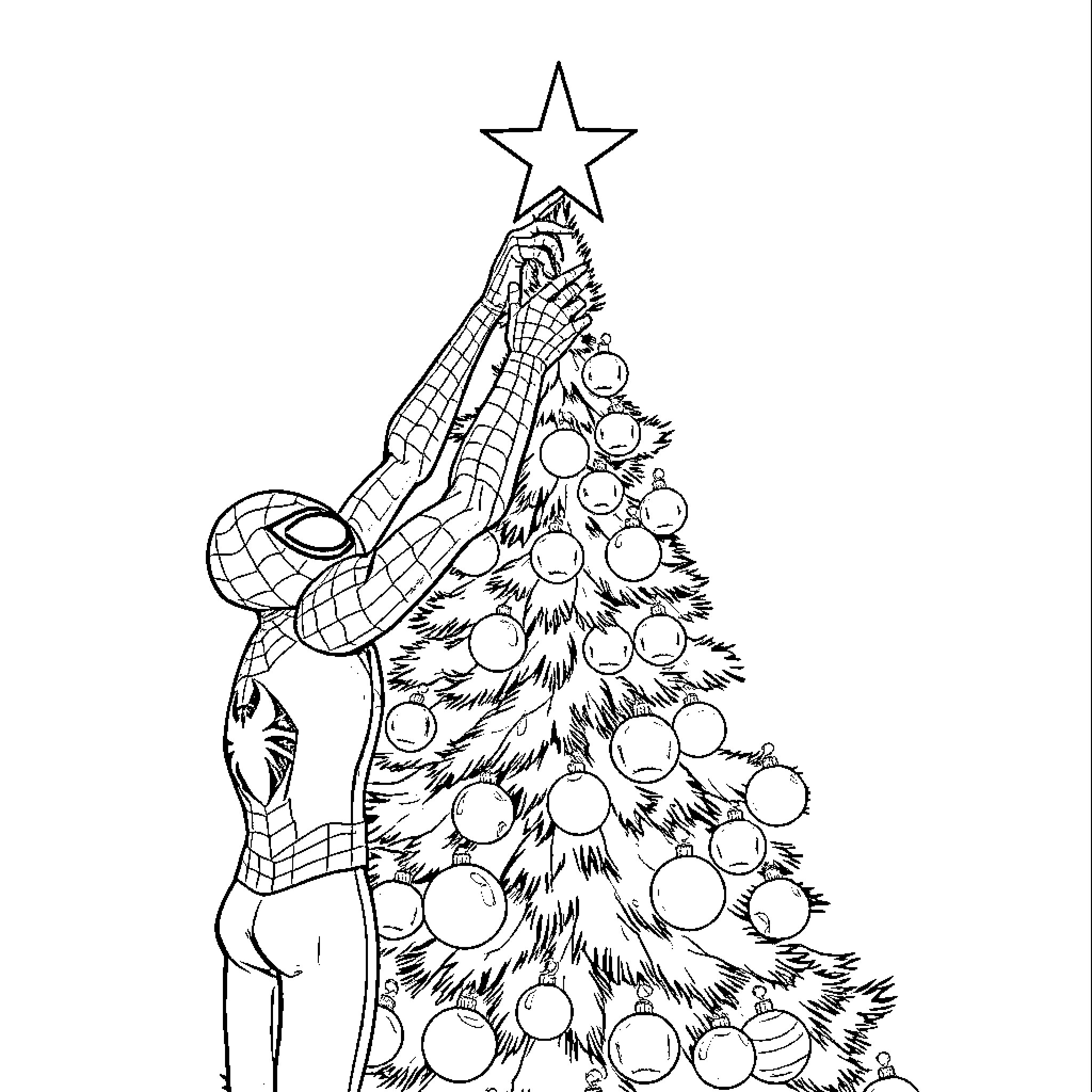 Spidey Decorating Christmas Tree with Ornaments Coloring Page (free black-and-white line drawing printable PDF for all, from beginners to advanced learners, including children, teens, adults, and seniors)
