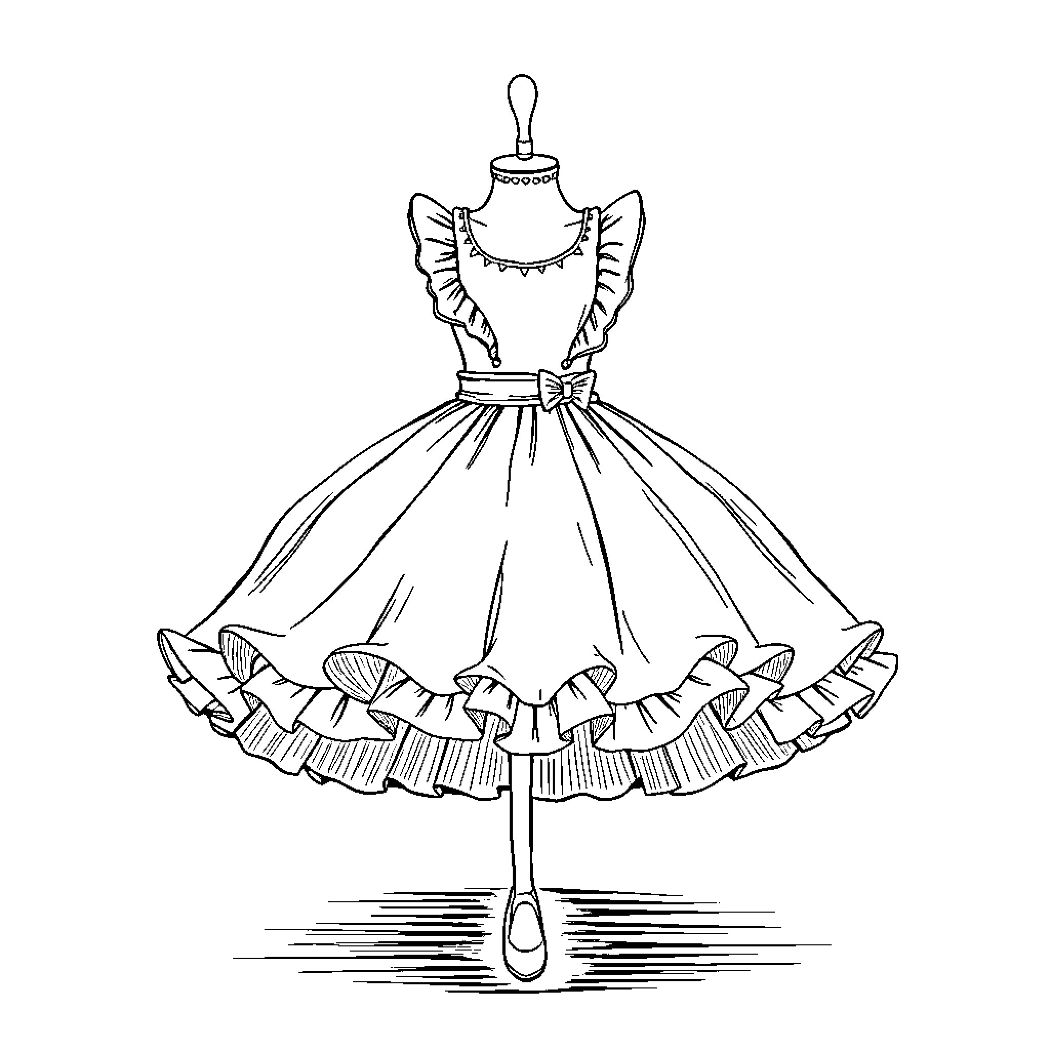 Banana dress with ruffles and frills Coloring Page (free black-and-white line drawing printable PDF for all, from beginners to advanced learners, including children, teens, adults, and seniors)