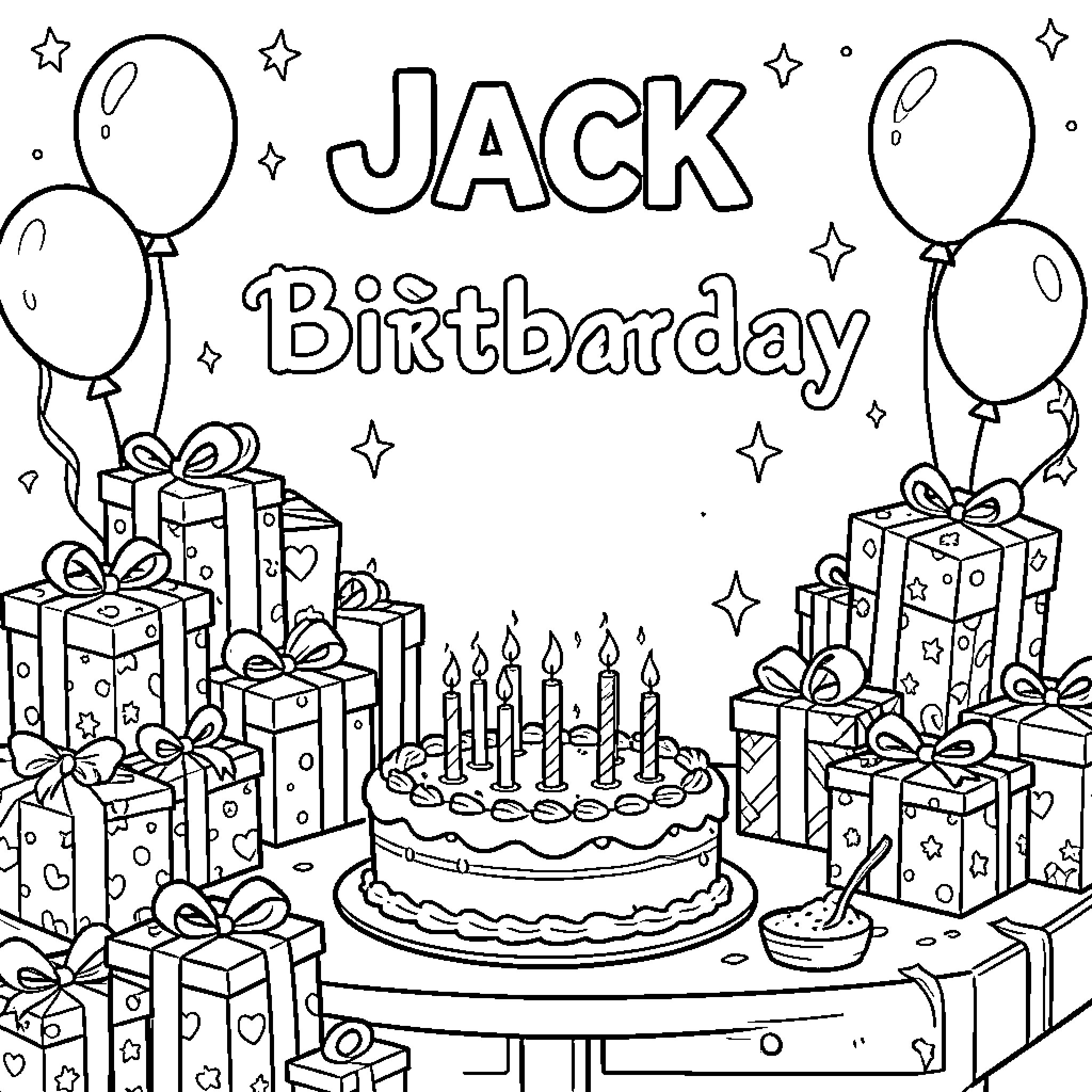 Birthday Celebration with Cake and Gifts Coloring Page (free black-and-white line drawing printable PDF for all, from beginners to advanced learners, including children, teens, adults, and seniors)