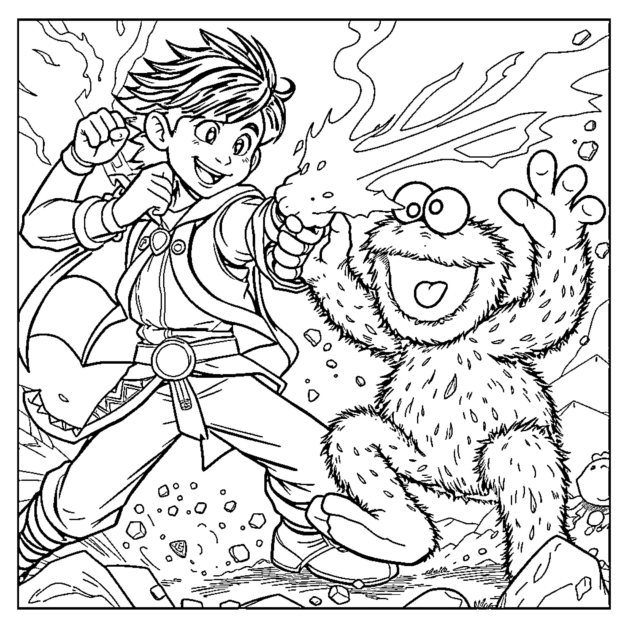 Flynn Rider's heroic adventure with a furry companion Coloring Page (free black-and-white line drawing printable PDF for all, from beginners to advanced learners, including children, teens, adults, and seniors)