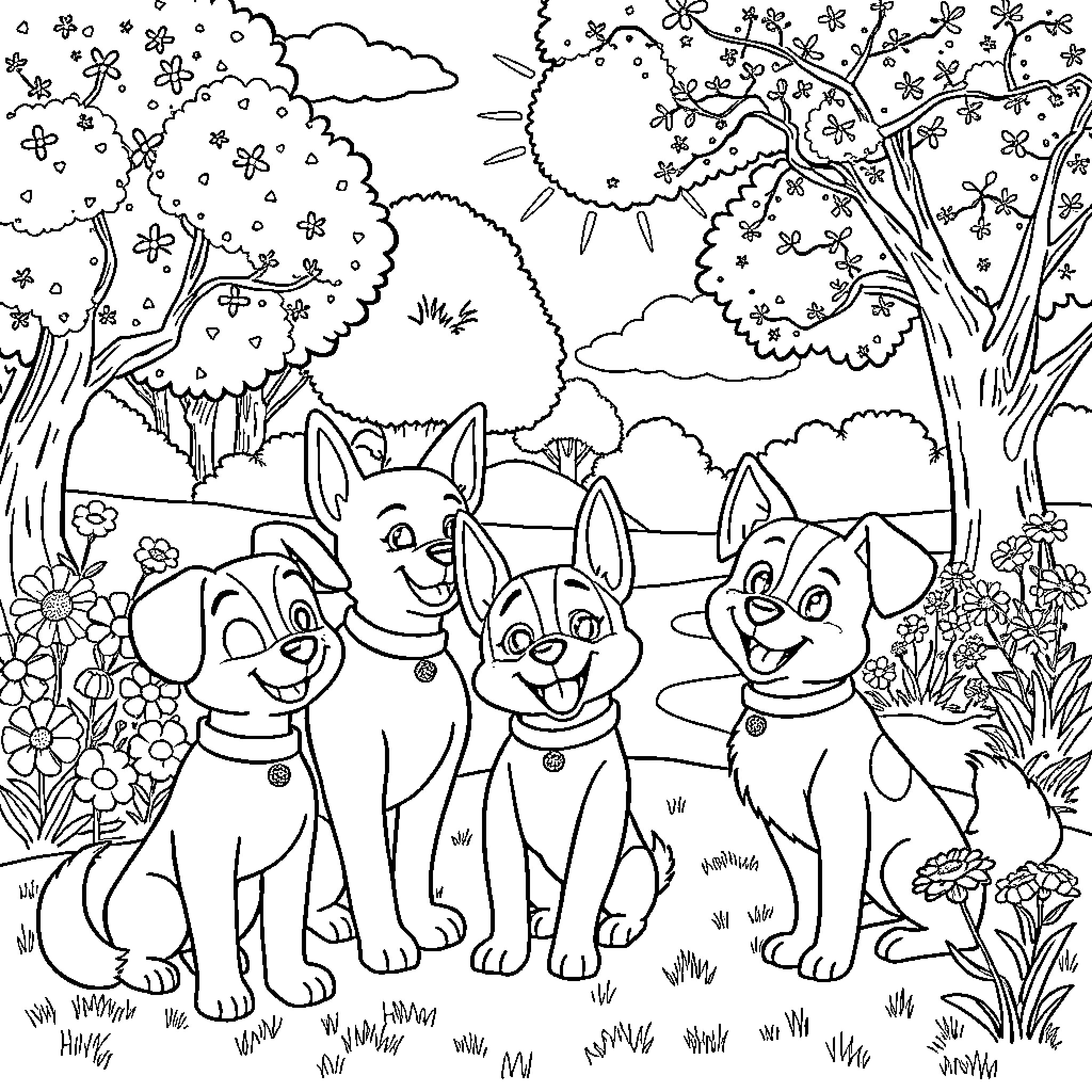 Bluey and Puppy Friends in a Lively Outdoor Scene Coloring Page (free black-and-white line drawing printable PDF for all, from beginners to advanced learners, including children, teens, adults, and seniors)