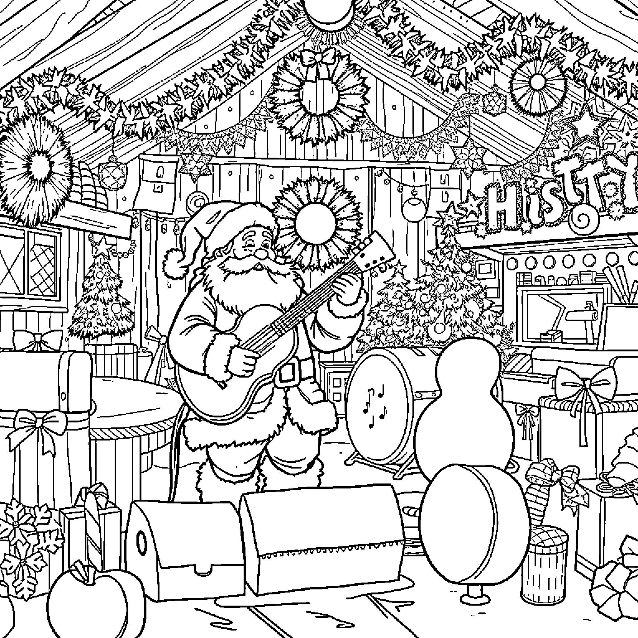 Concert in a Festive Winter Wonderland Coloring Page (free black-and-white line drawing printable PDF for all, from beginners to advanced learners, including children, teens, adults, and seniors)
