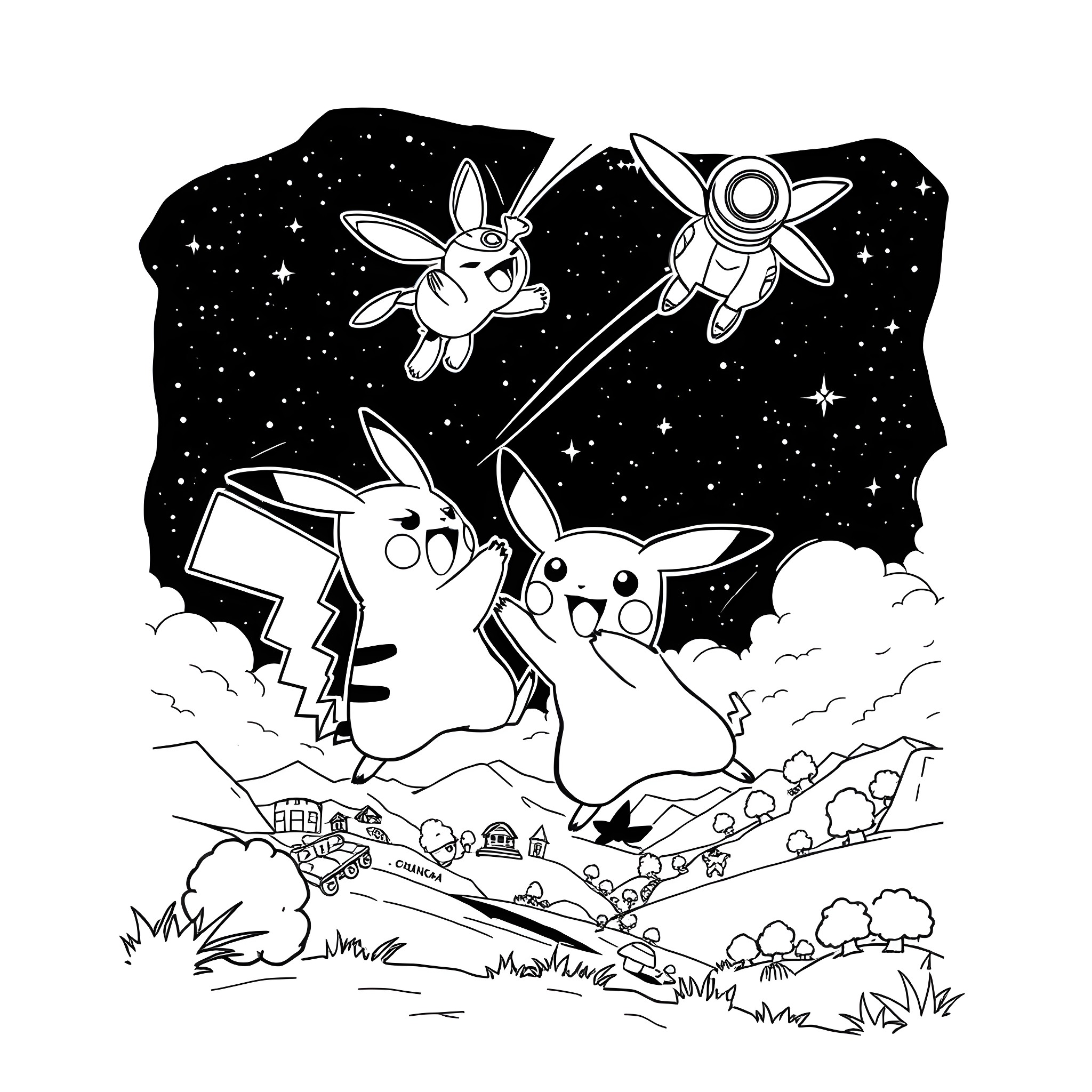Pikachu and Friends Exploring the Starry Night Sky Coloring Page (free black-and-white line drawing printable PDF for all, from beginners to advanced learners, including children, teens, adults, and seniors)