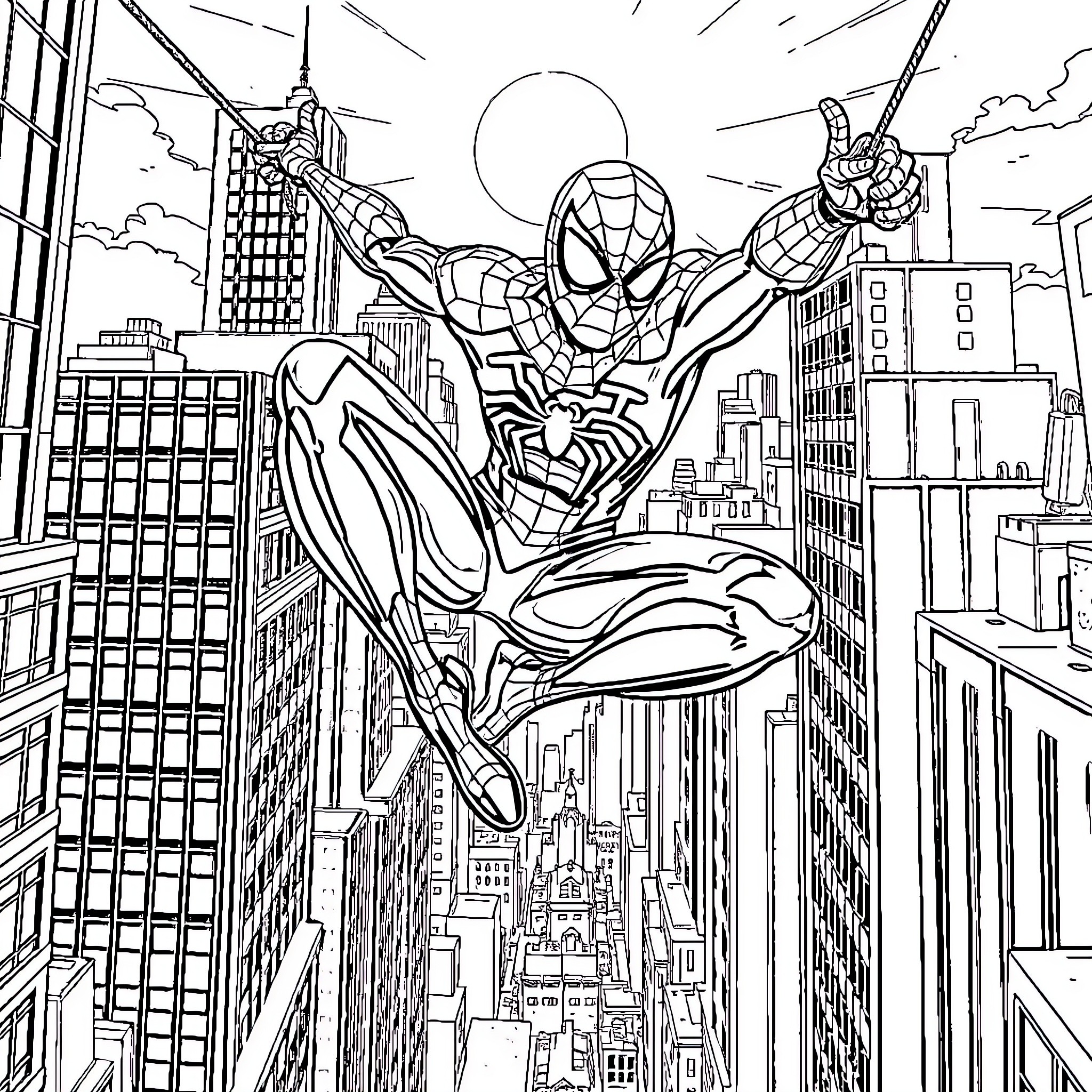 Spiderman swinging heroically through the city skyline Coloring Page (free black-and-white line drawing printable PDF for all, from beginners to advanced learners, including children, teens, adults, and seniors)