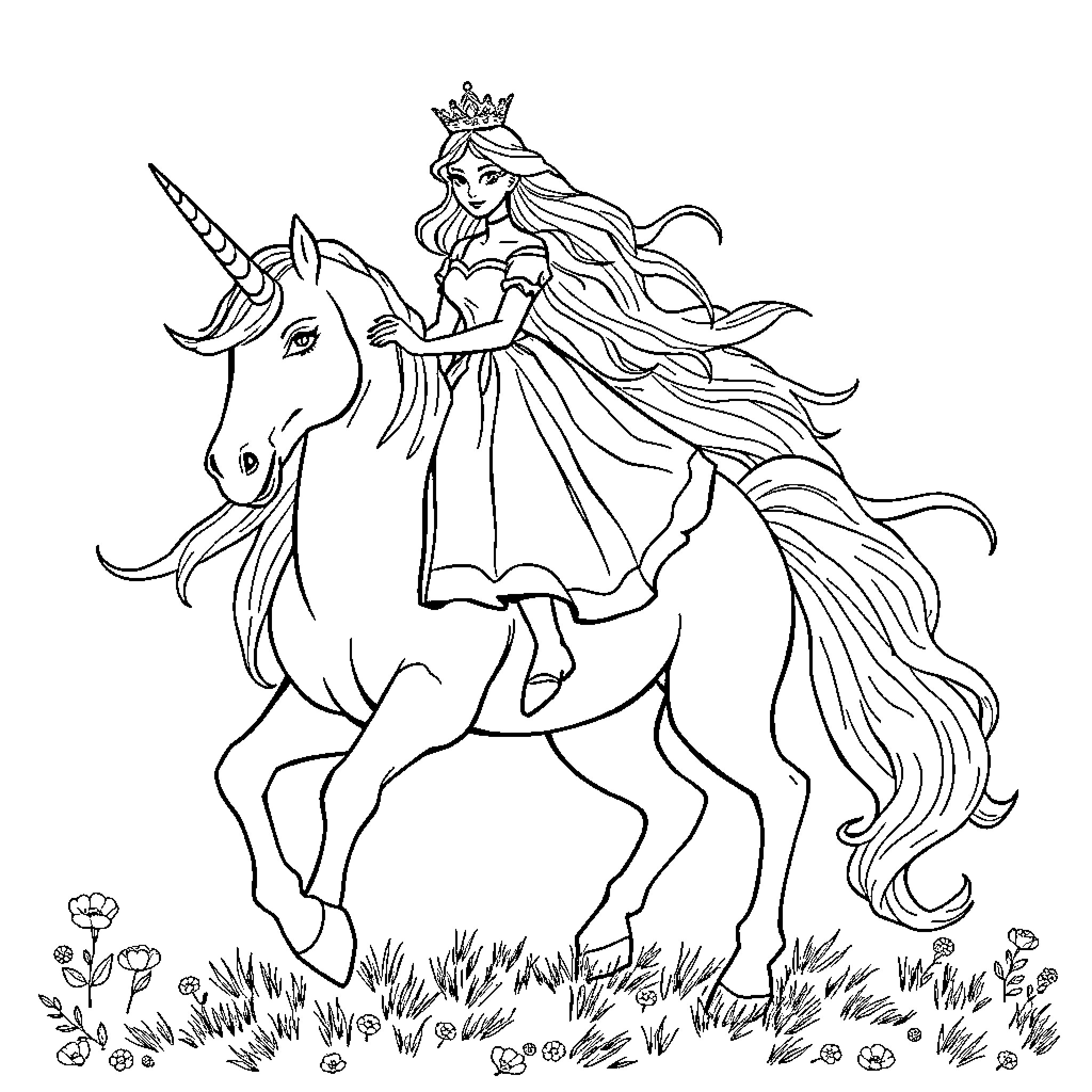 Princess Riding Unicorn Through Meadow Coloring Page (free black-and-white line drawing printable PDF for all, from beginners to advanced learners, including children, teens, adults, and seniors)