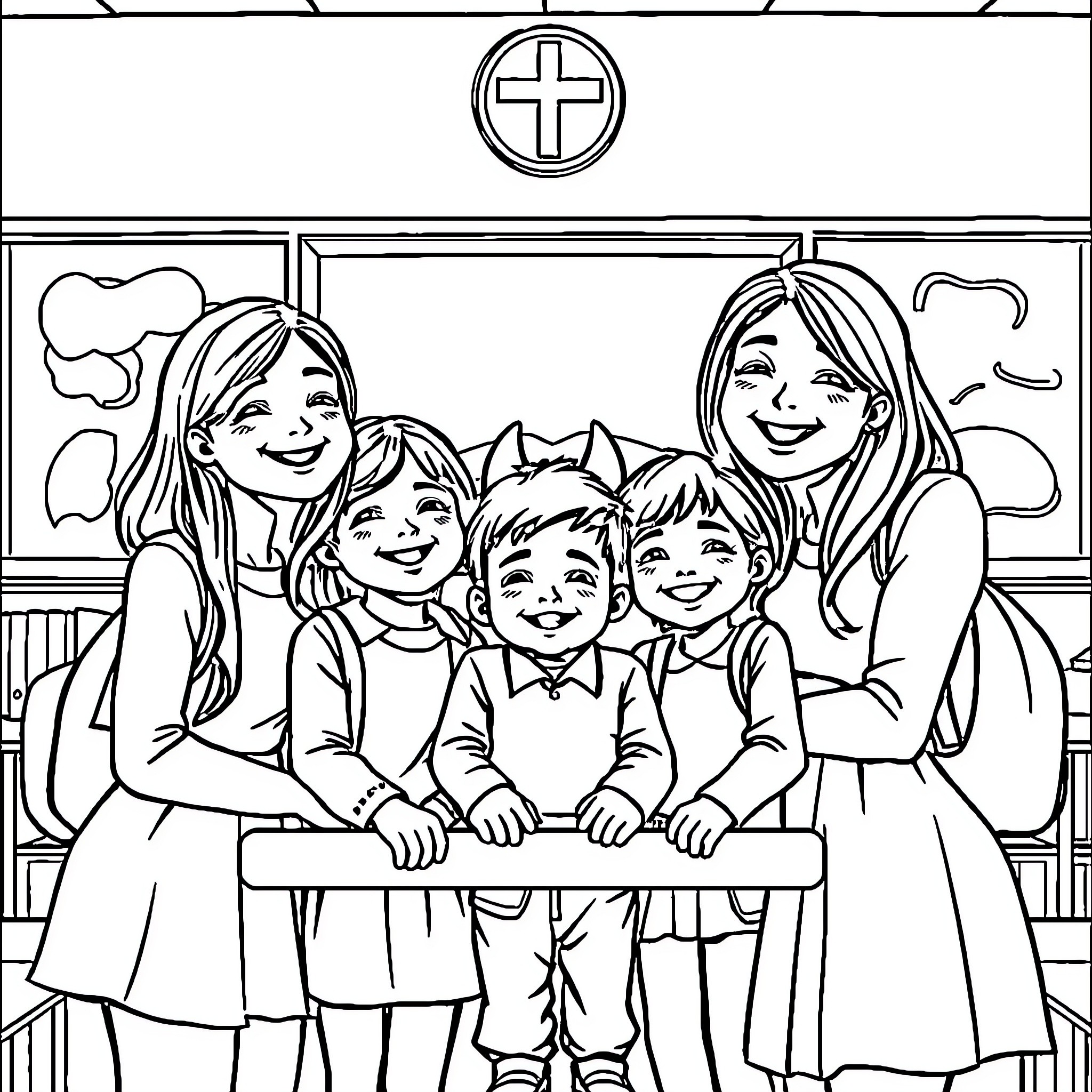 Niños en la iglesia con expresiones alegres Coloring Page (free black-and-white line drawing printable PDF for all, from beginners to advanced learners, including children, teens, adults, and seniors)