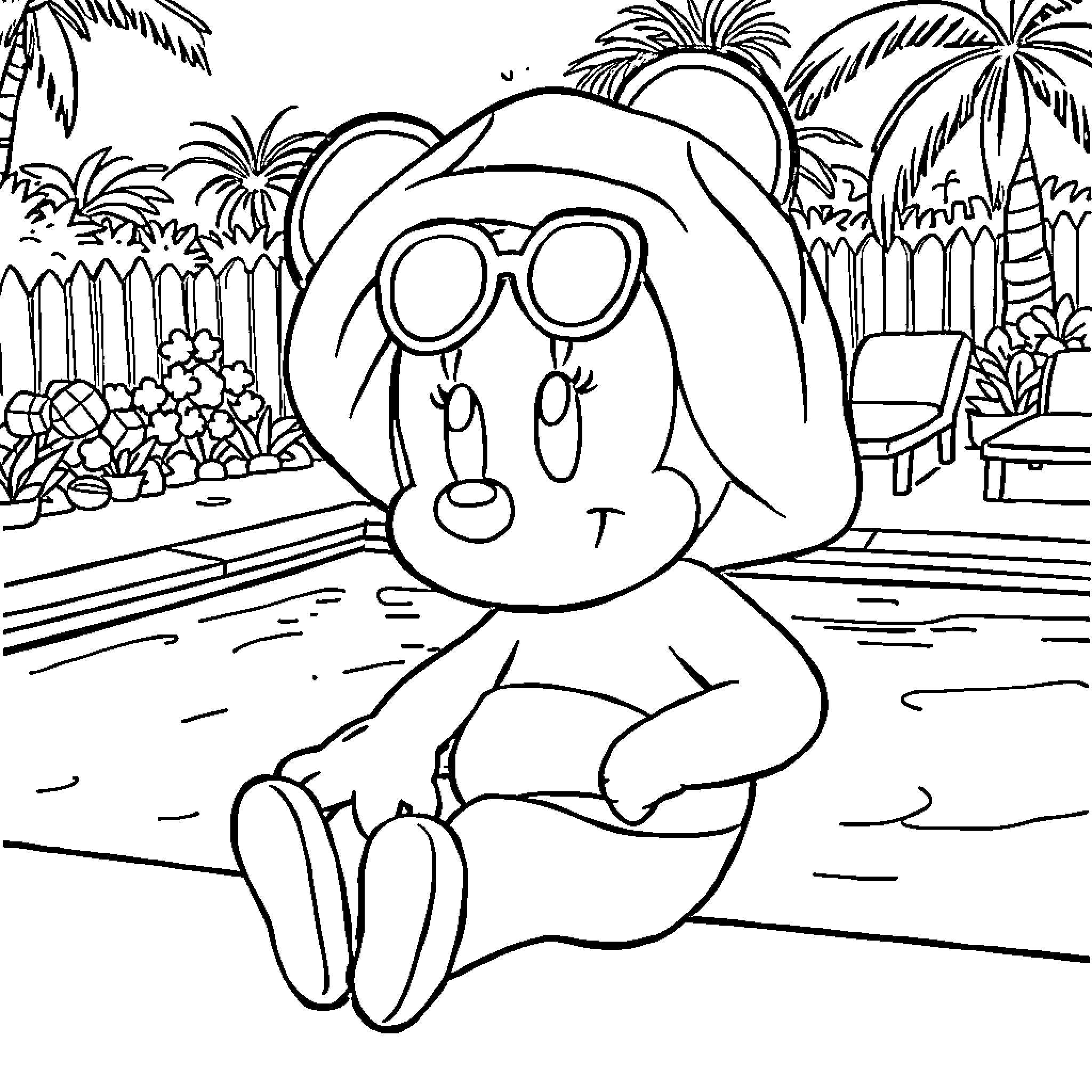 Minnie enjoying a relaxing day at the beach Coloring Page (free black-and-white line drawing printable PDF for all, from beginners to advanced learners, including children, teens, adults, and seniors)