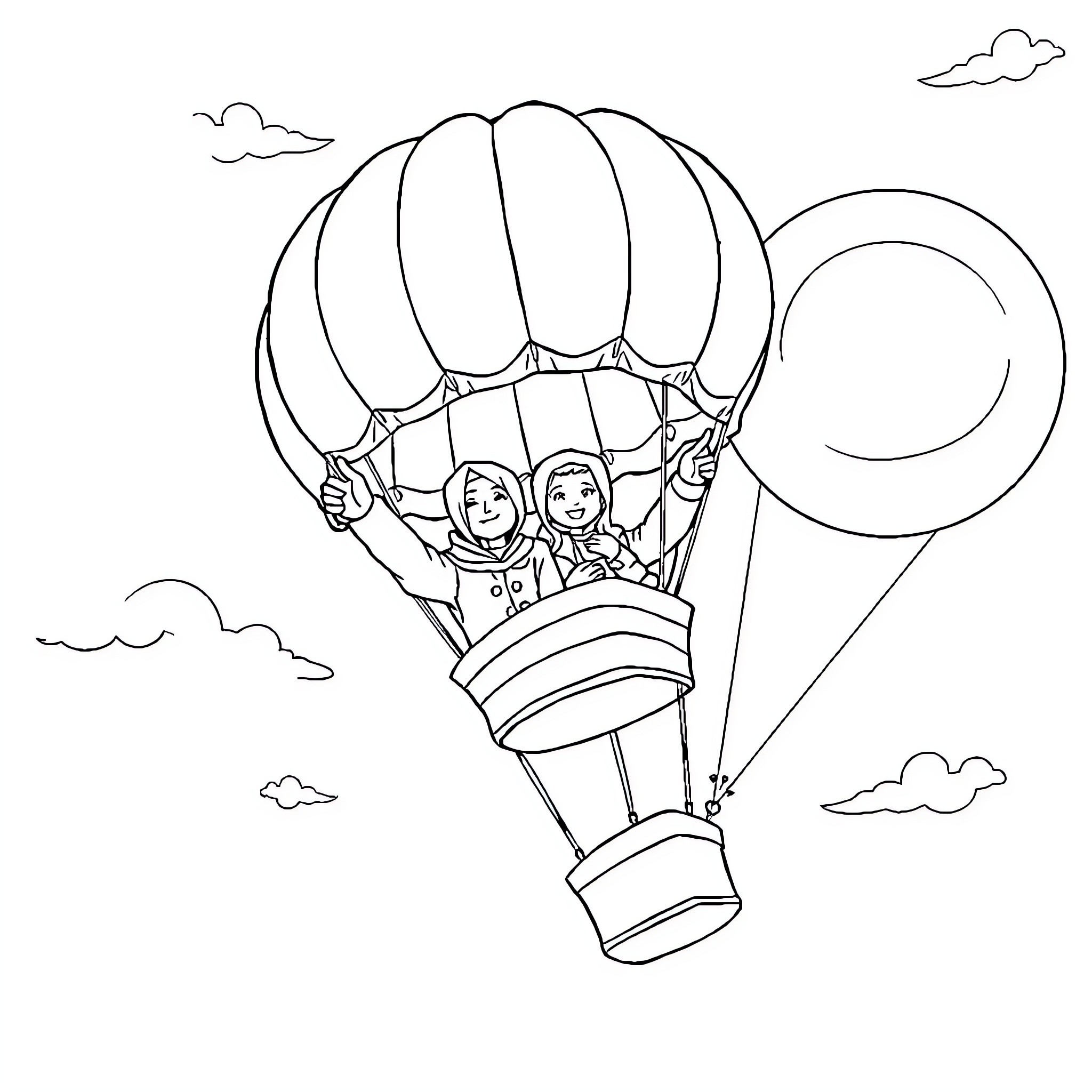 Balon Udara with happy passengers soaring in the sky Coloring Page (free black-and-white line drawing printable PDF for all, from beginners to advanced learners, including children, teens, adults, and seniors)