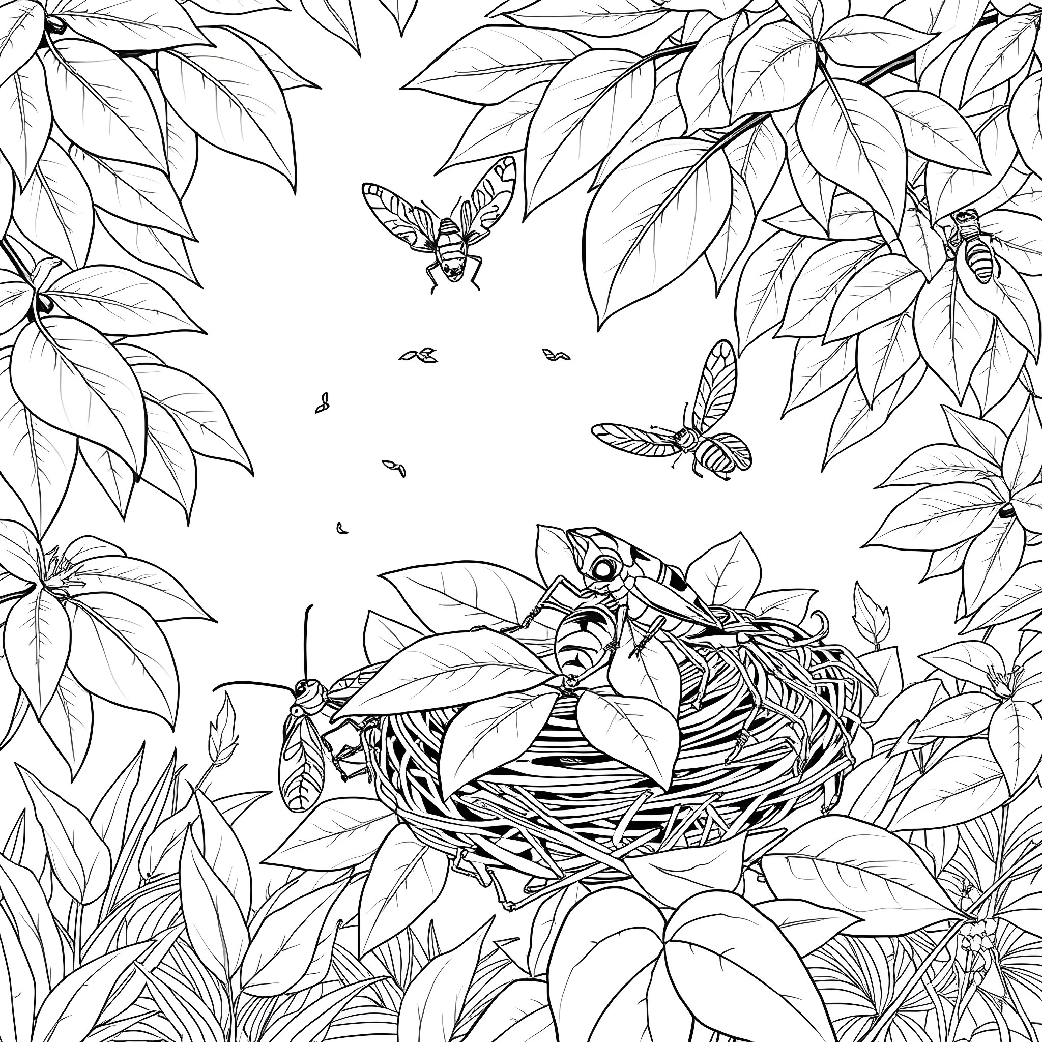 Cockroaches crawling in the leaf-filled forest Coloring Page (free black-and-white line drawing printable PDF for all, from beginners to advanced learners, including children, teens, adults, and seniors)