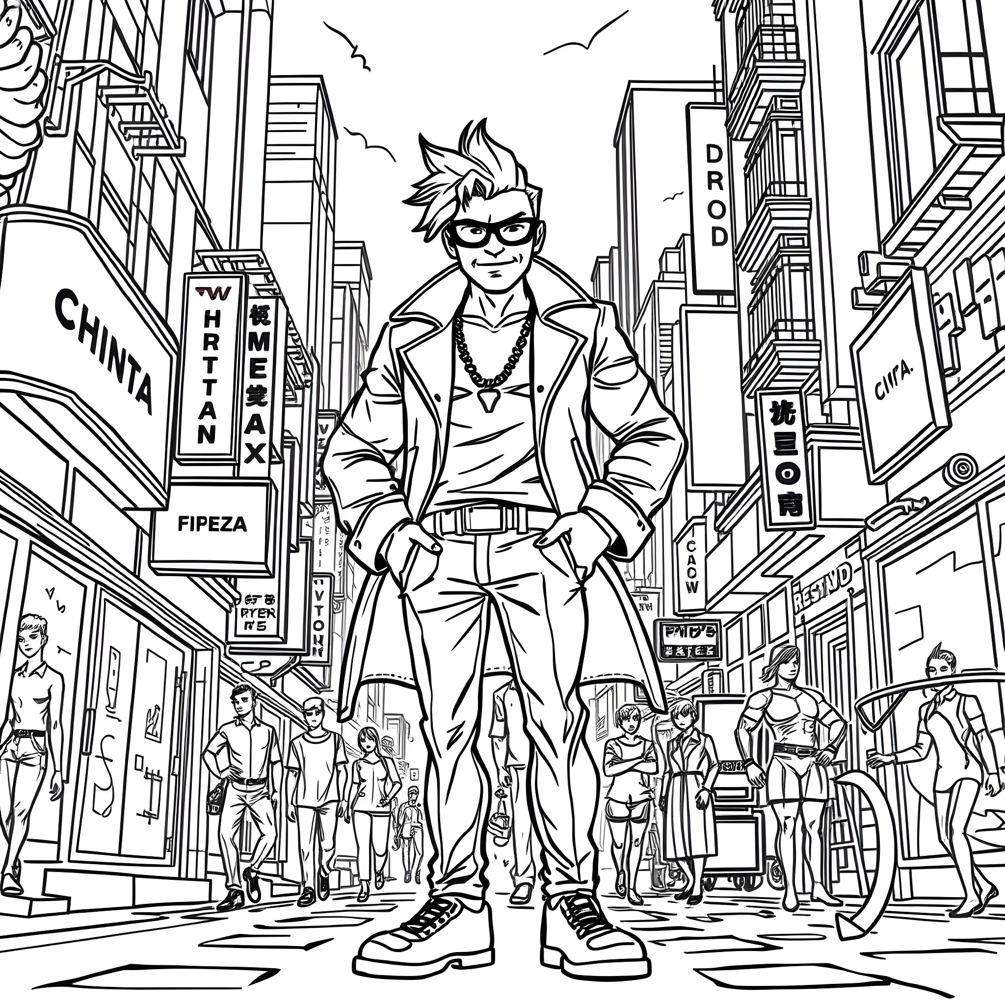 Woman navigating the busy city streets Coloring Page (free black-and-white line drawing printable PDF for all, from beginners to advanced learners, including children, teens, adults, and seniors)