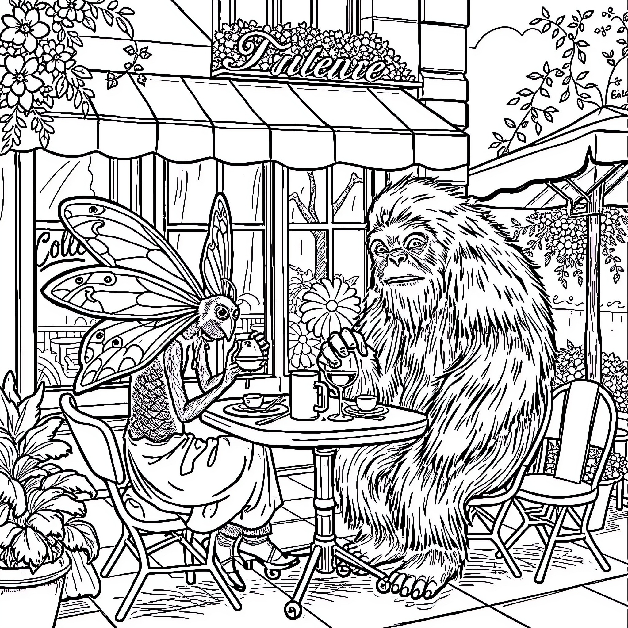 Mothman enjoying a relaxing day at the cafe Coloring Page (free black-and-white line drawing printable PDF for all, from beginners to advanced learners, including children, teens, adults, and seniors)
