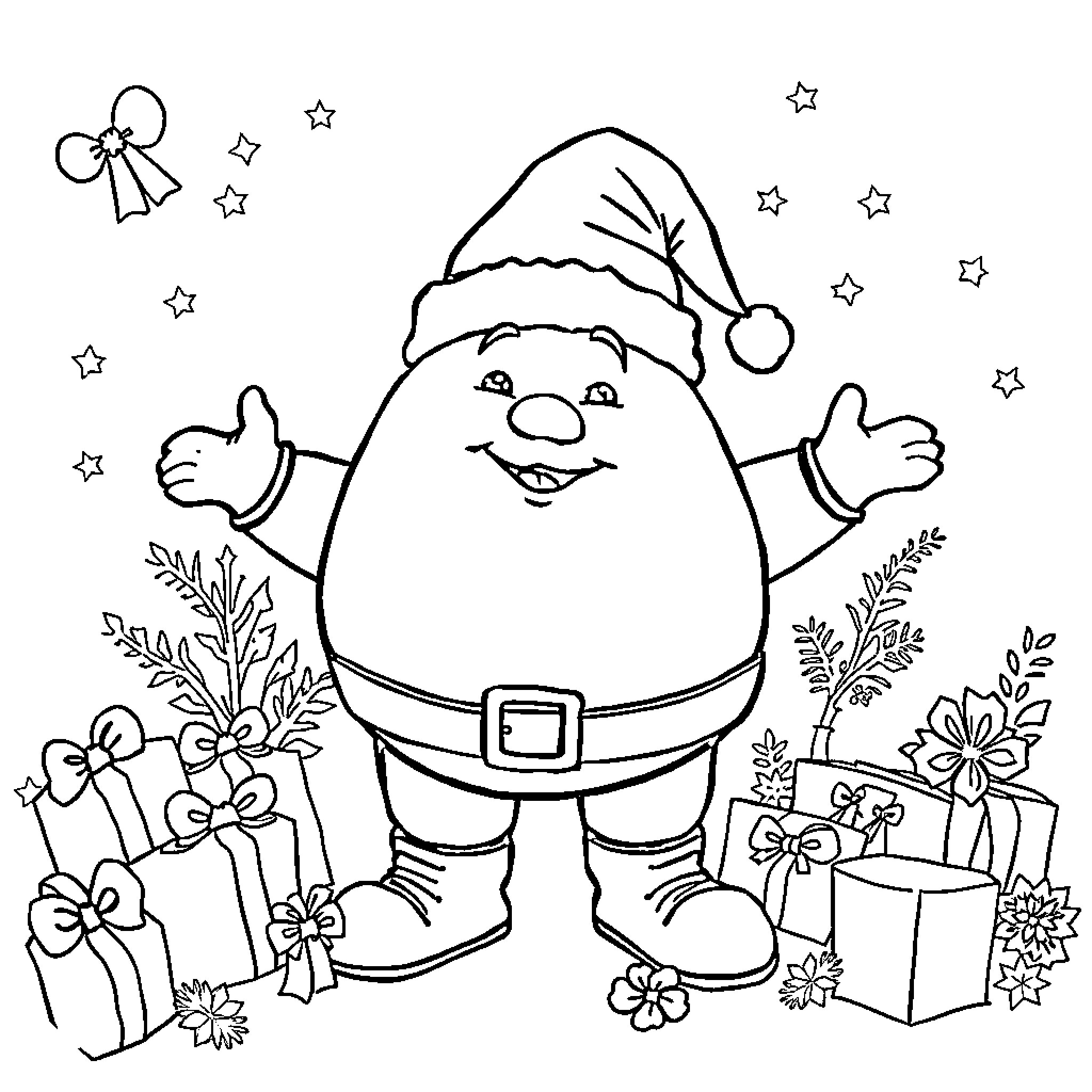 Humpty Dumpty celebrating Christmas joyfully Coloring Page (free black-and-white line drawing printable PDF for all, from beginners to advanced learners, including children, teens, adults, and seniors)