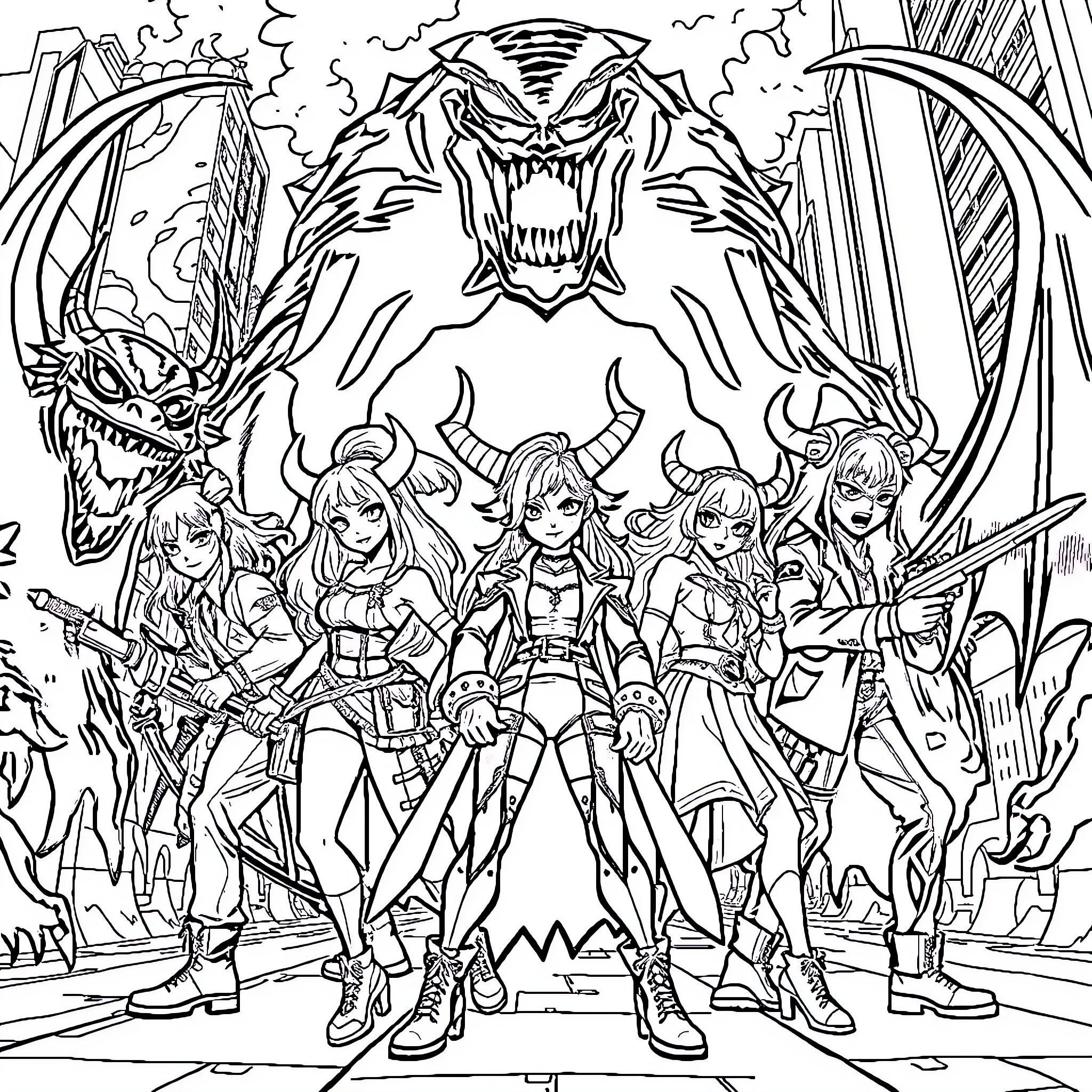 Demon Hunter Crew Facing Monstrous Threat Coloring Page (free black-and-white line drawing printable PDF for all, from beginners to advanced learners, including children, teens, adults, and seniors)