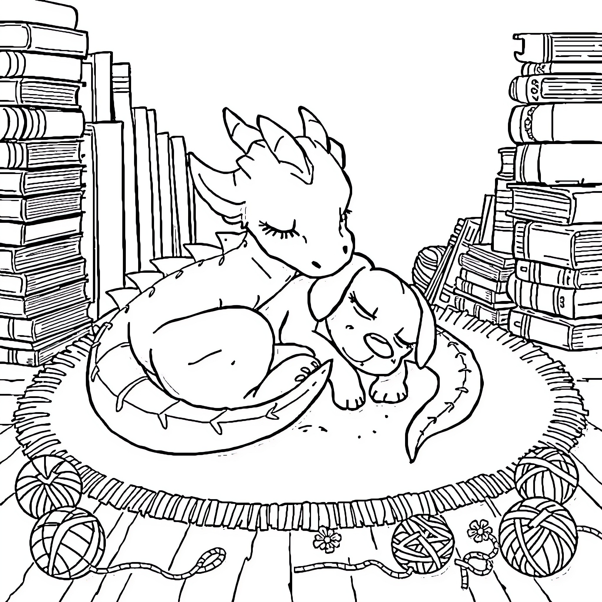 Dragon resting comfortably in nest surrounded by books Coloring Page (free black-and-white line drawing printable PDF for all, from beginners to advanced learners, including children, teens, adults, and seniors)