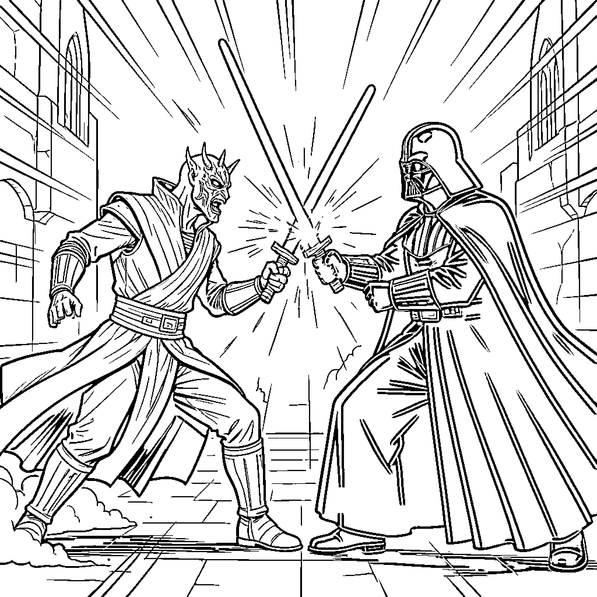 Darth Maul dueling Darth Vader with lightsabers Coloring Page (free black-and-white line drawing printable PDF for all, from beginners to advanced learners, including children, teens, adults, and seniors)