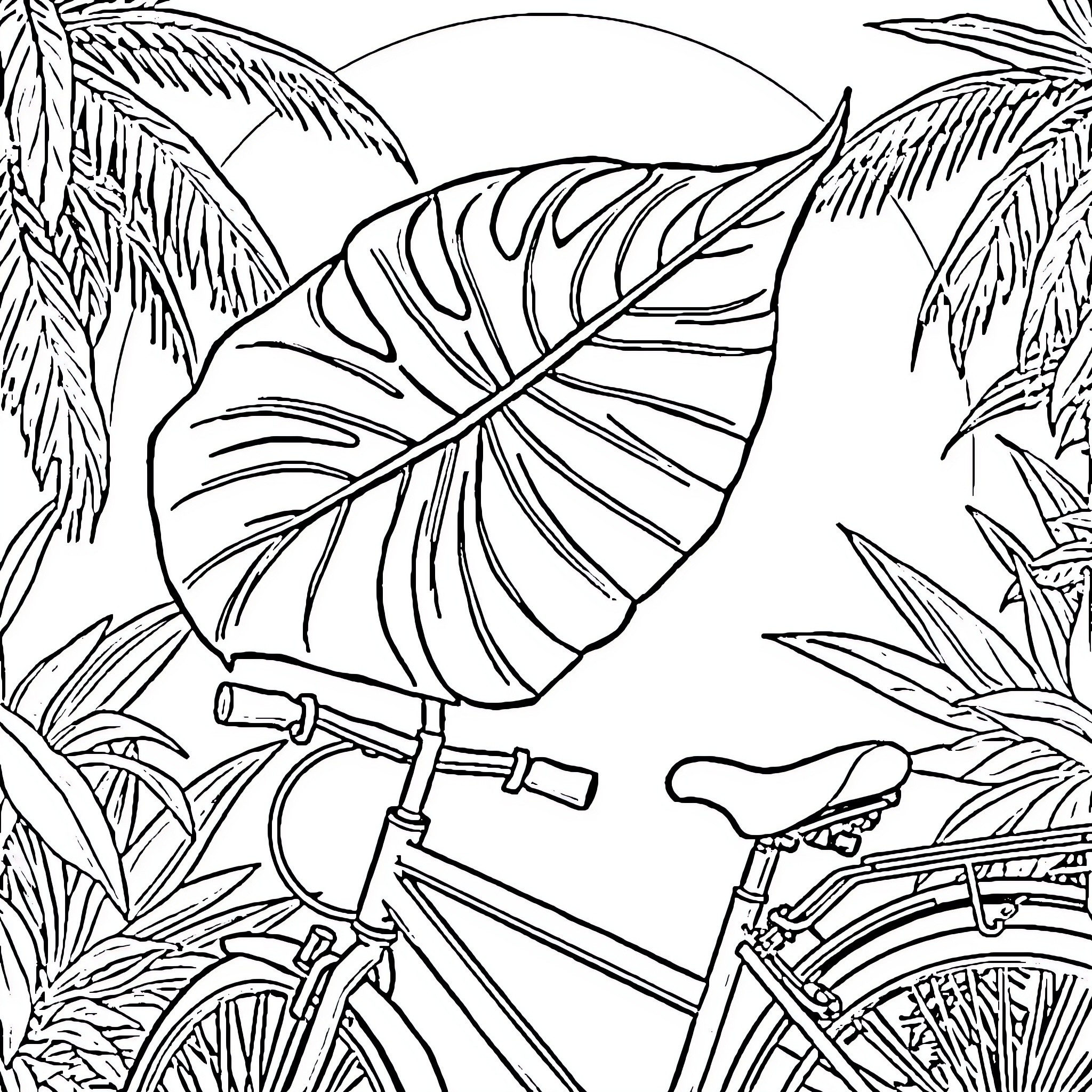 Tropical Leaf Bicycle Adventure in the Jungle Coloring Page (free black-and-white line drawing printable PDF for all, from beginners to advanced learners, including children, teens, adults, and seniors)