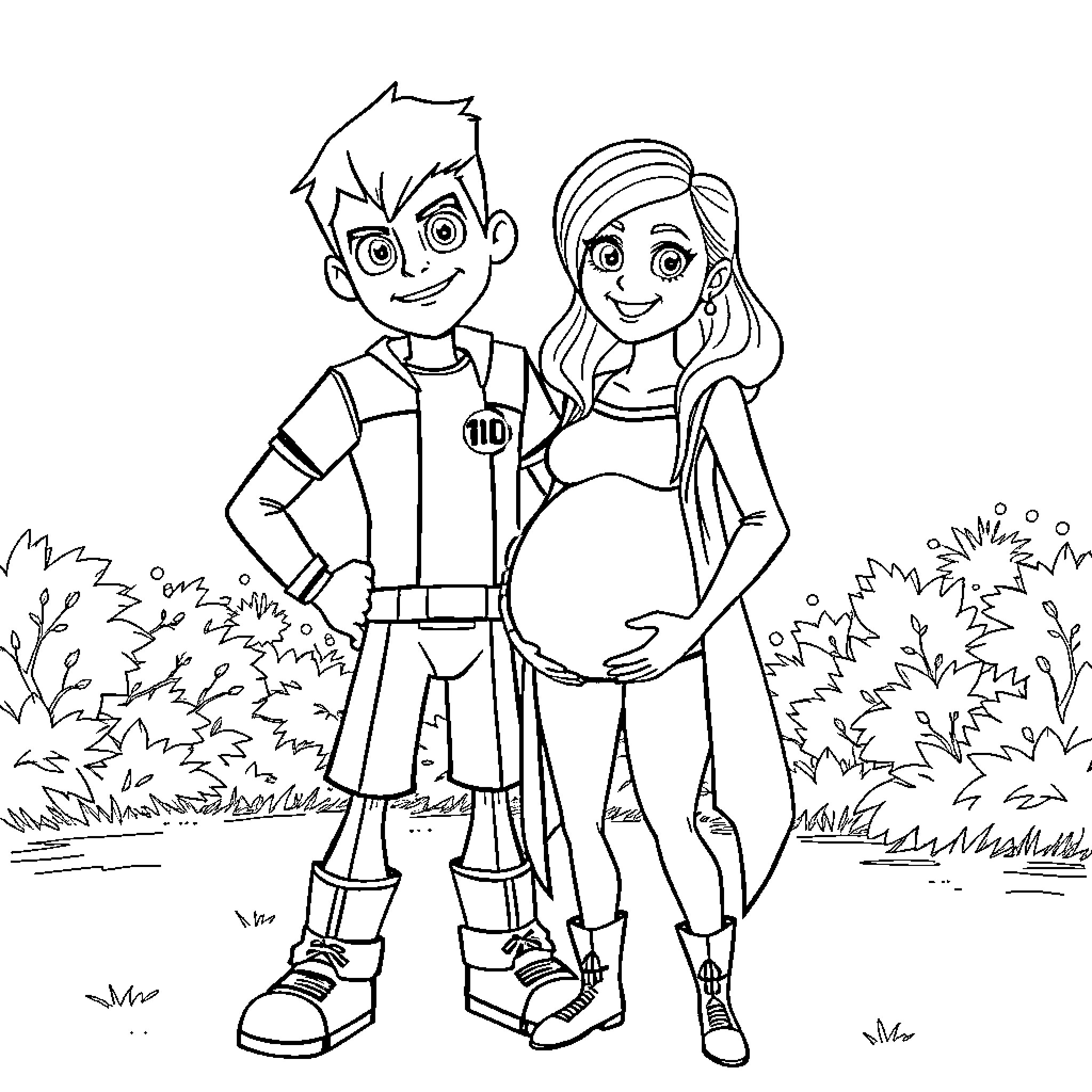 Ben 10 and his pregnant wife enjoying nature Coloring Page (free black-and-white line drawing printable PDF for all, from beginners to advanced learners, including children, teens, adults, and seniors)