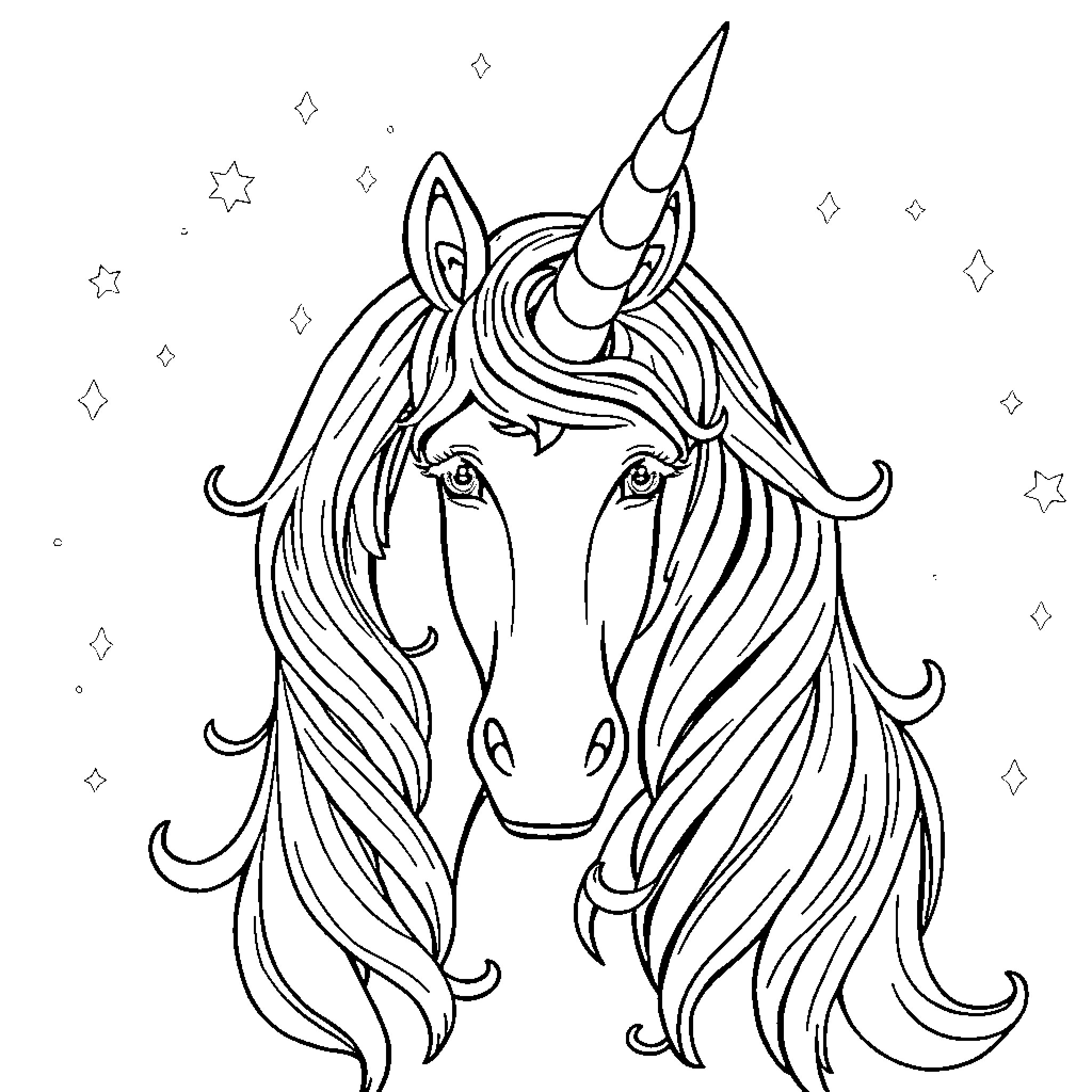 Unicorn with flowing mane and horn in magical setting Coloring Page (free black-and-white line drawing printable PDF for all, from beginners to advanced learners, including children, teens, adults, and seniors)