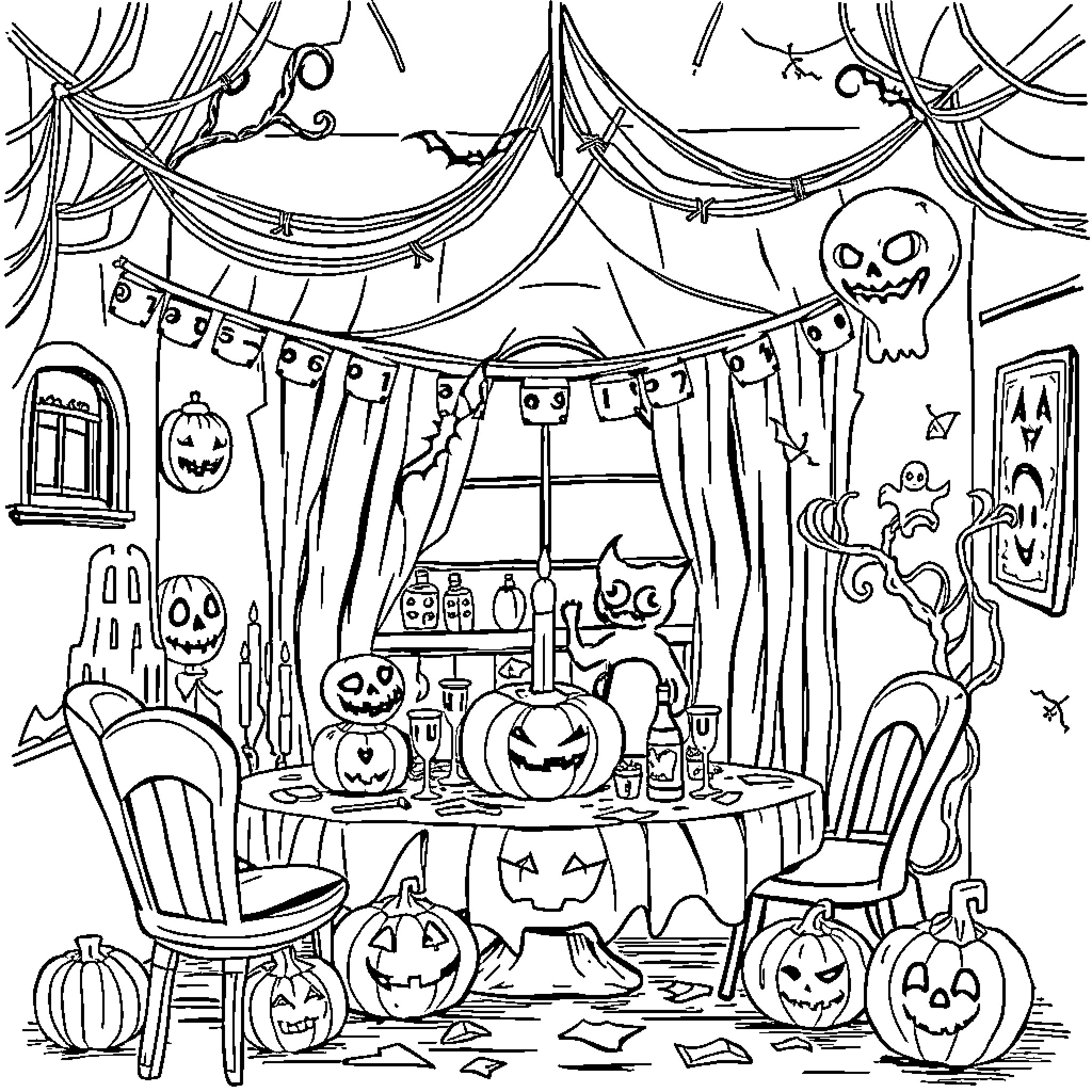 Halloween Celebration with Jack-o'-lanterns and Spooky Decor Coloring Page (free black-and-white line drawing printable PDF for all, from beginners to advanced learners, including children, teens, adults, and seniors)