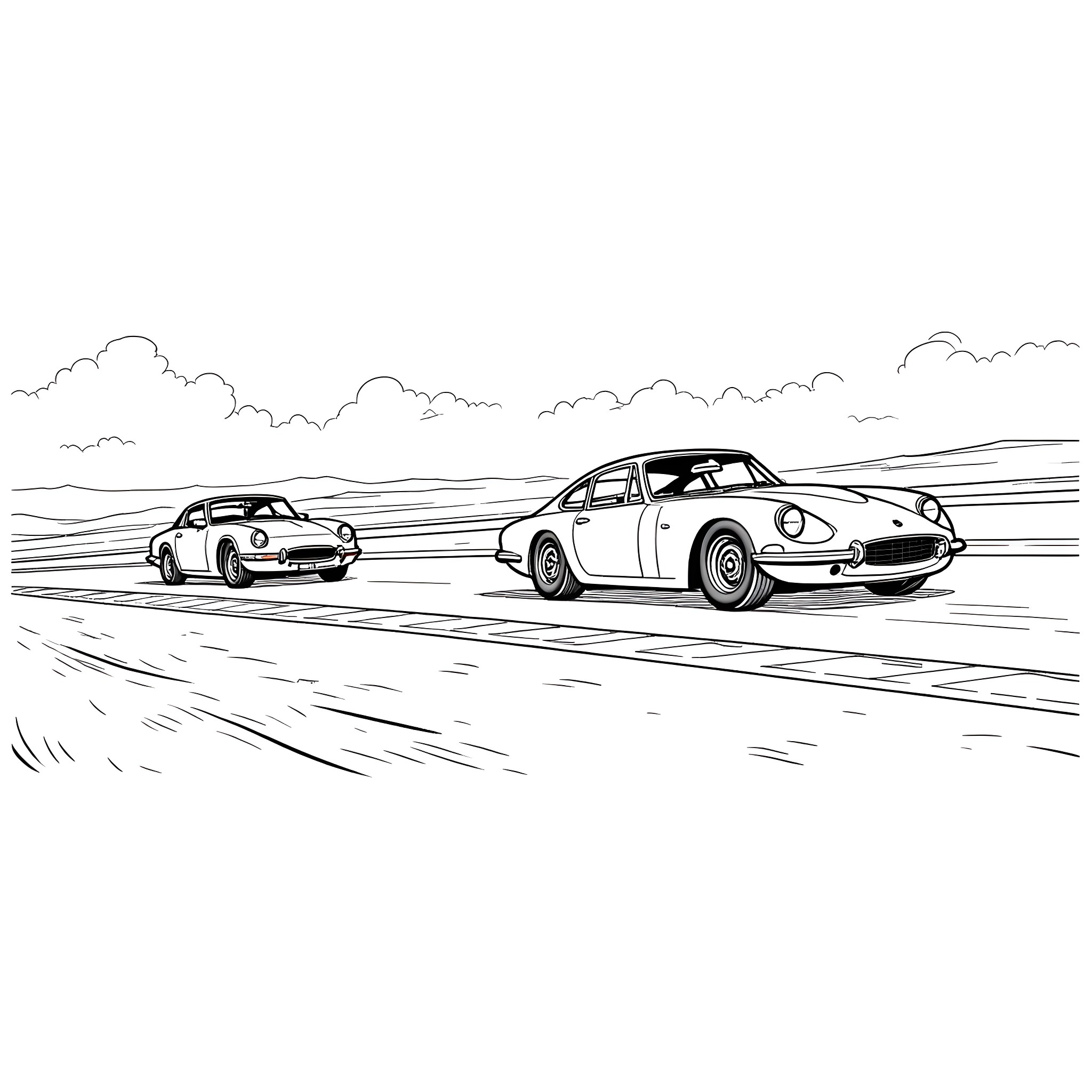 Cars racing on open road Coloring Page (free black-and-white line drawing printable PDF for all, from beginners to advanced learners, including children, teens, adults, and seniors)