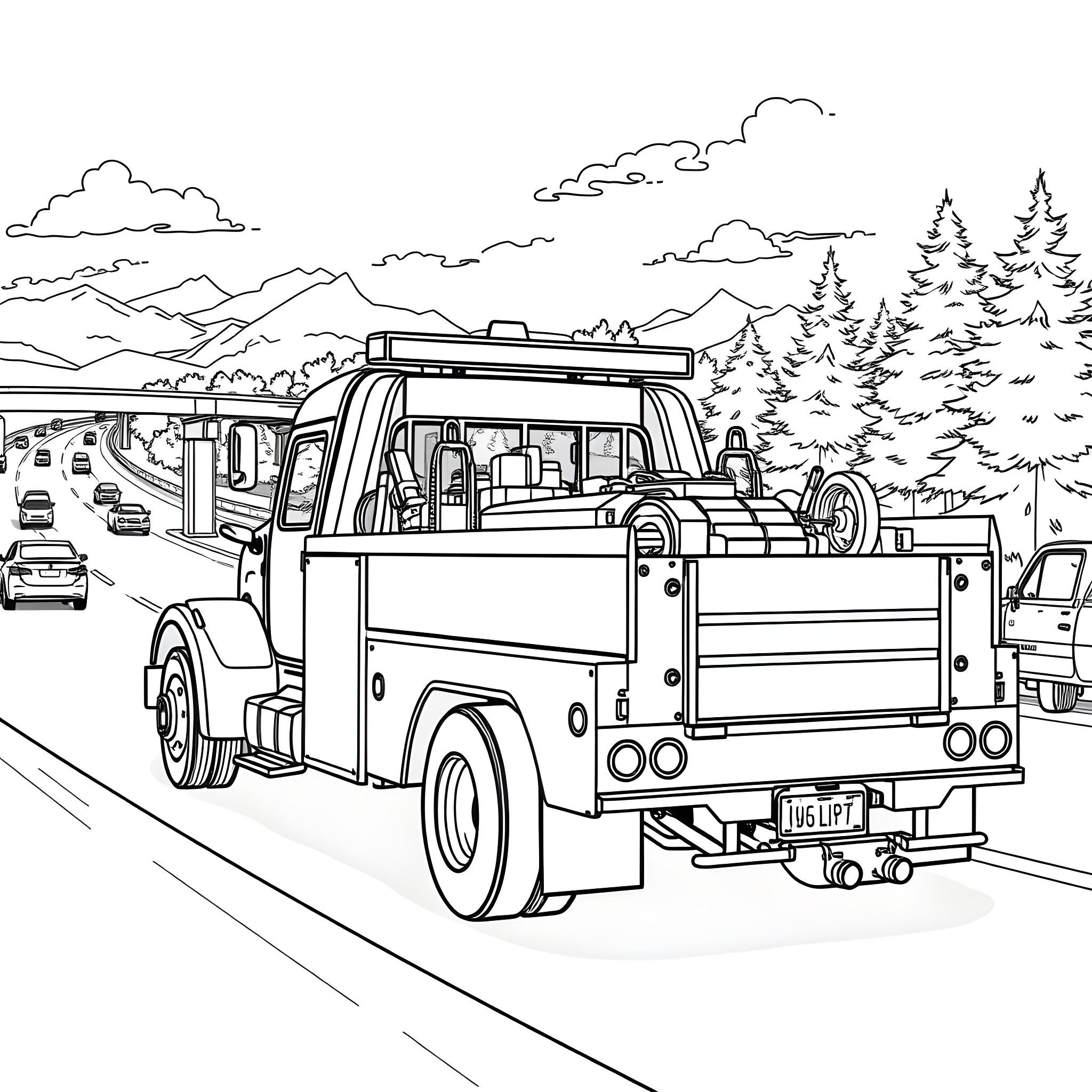 Tow Truck Transporting Vehicle on the Road Coloring Page (free black-and-white line drawing printable PDF for all, from beginners to advanced learners, including children, teens, adults, and seniors)