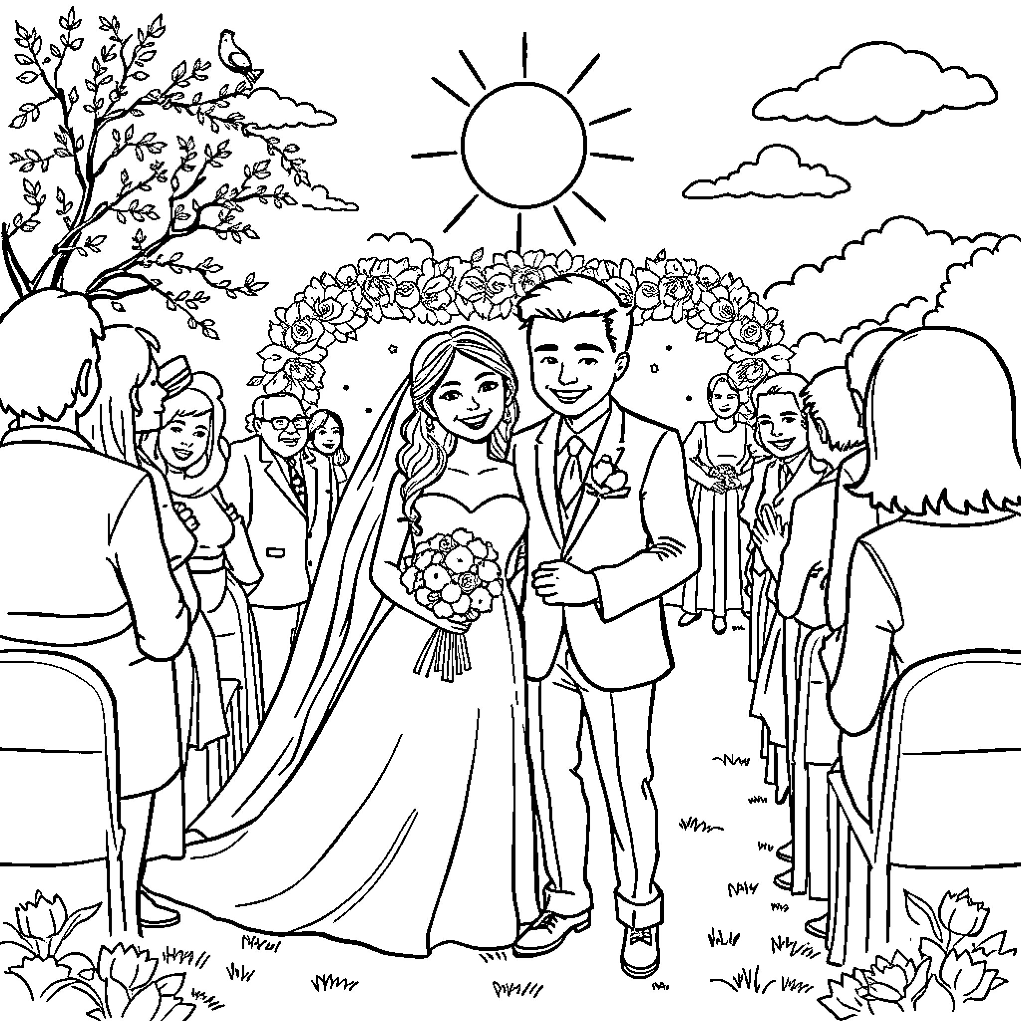 Wedding ceremony in a beautiful outdoor setting Coloring Page (free black-and-white line drawing printable PDF for all, from beginners to advanced learners, including children, teens, adults, and seniors)