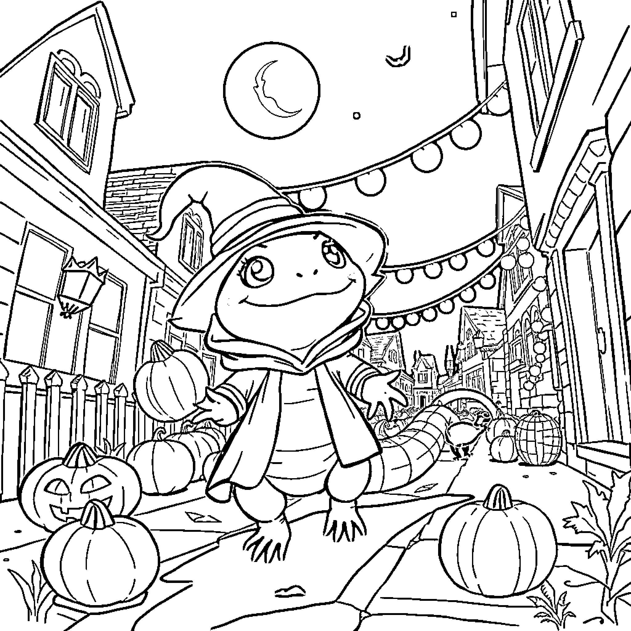 Axolotl exploring a festive neighborhood Coloring Page (free black-and-white line drawing printable PDF for all, from beginners to advanced learners, including children, teens, adults, and seniors)