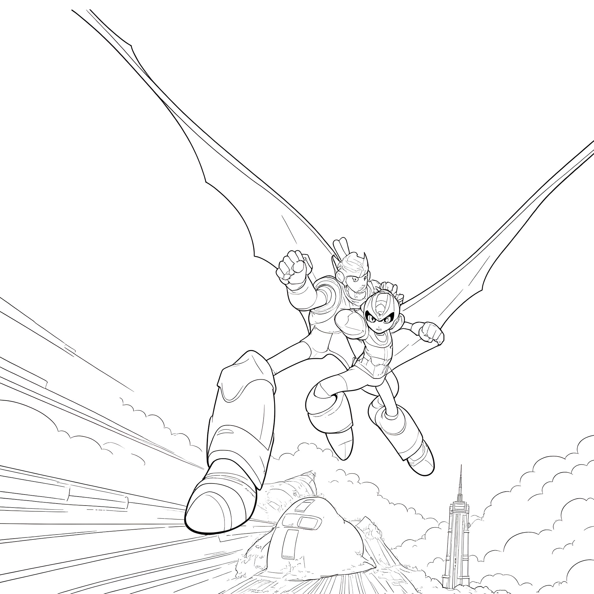 Megaman heroically soaring through the sky Coloring Page (free black-and-white line drawing printable PDF for all, from beginners to advanced learners, including children, teens, adults, and seniors)