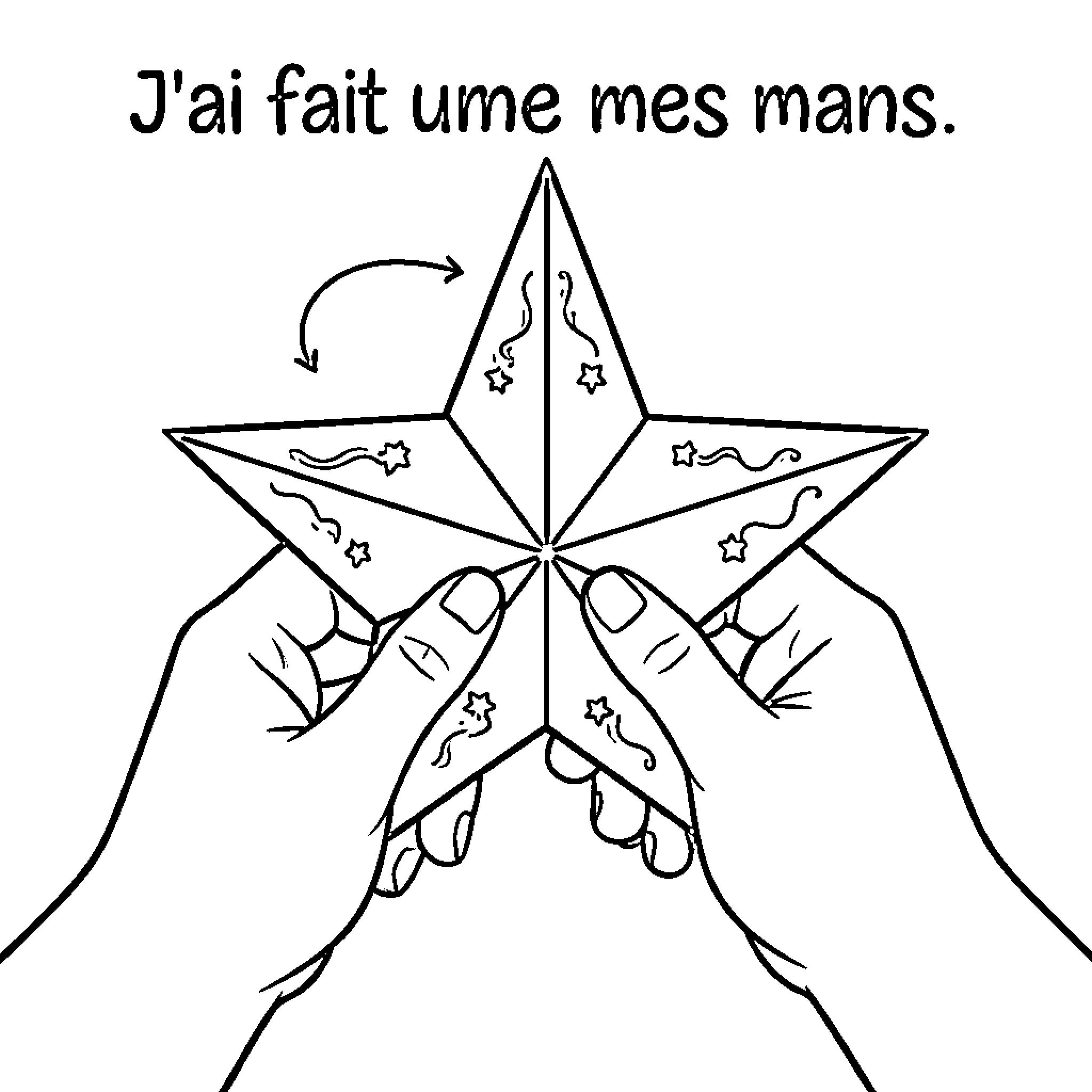Star being held by two hands with decorative patterns Coloring Page (free black-and-white line drawing printable PDF for all, from beginners to advanced learners, including children, teens, adults, and seniors)