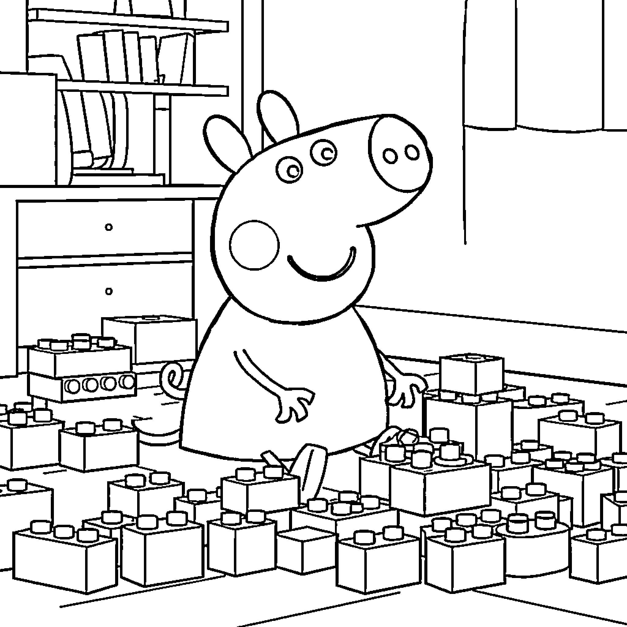 Peppa playing with building blocks in the playroom Coloring Page (free black-and-white line drawing printable PDF for all, from beginners to advanced learners, including children, teens, adults, and seniors)