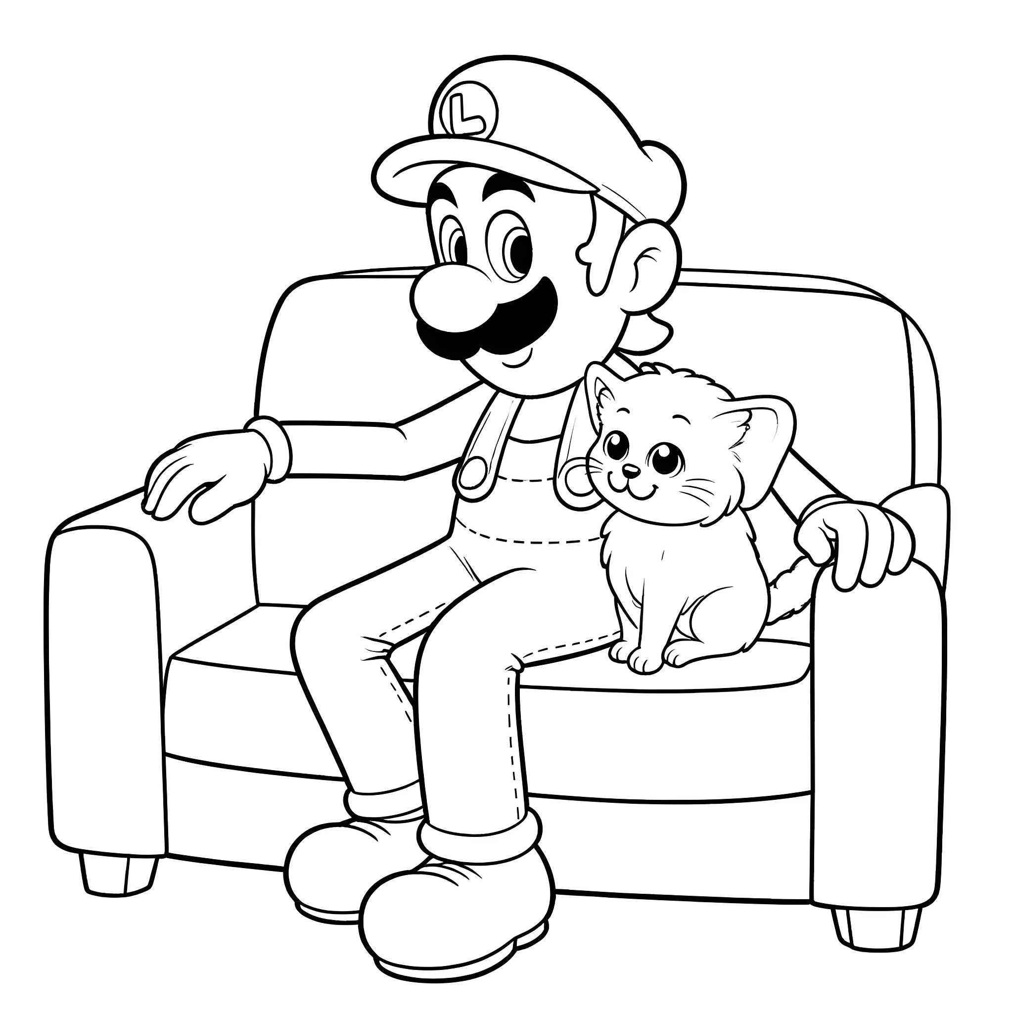 Luigi relaxing on a couch with a kitten Coloring Page (free black-and-white line drawing printable PDF for all, from beginners to advanced learners, including children, teens, adults, and seniors)