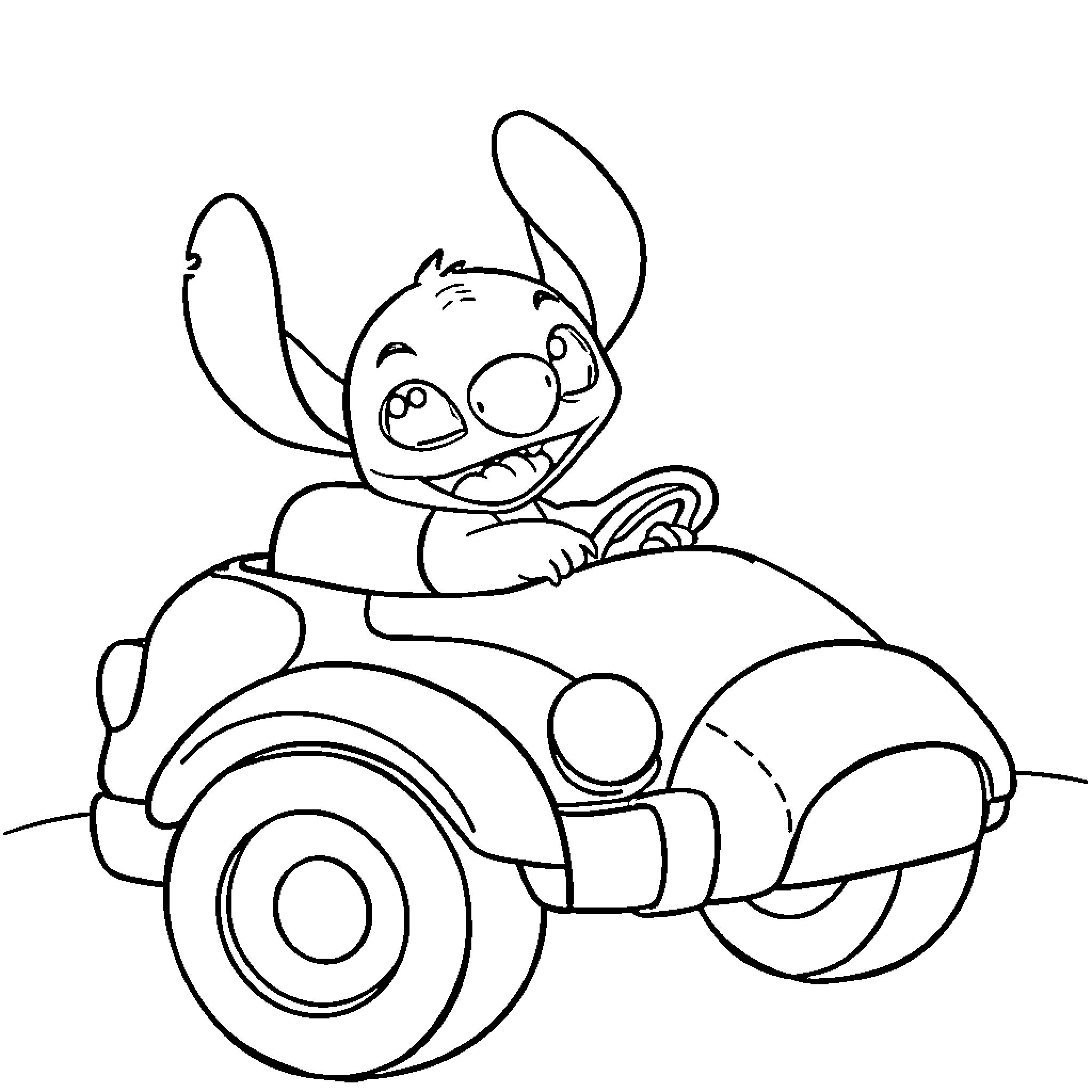 Stitch riding a wacky vehicle Coloring Page (free black-and-white line drawing printable PDF for all, from beginners to advanced learners, including children, teens, adults, and seniors)