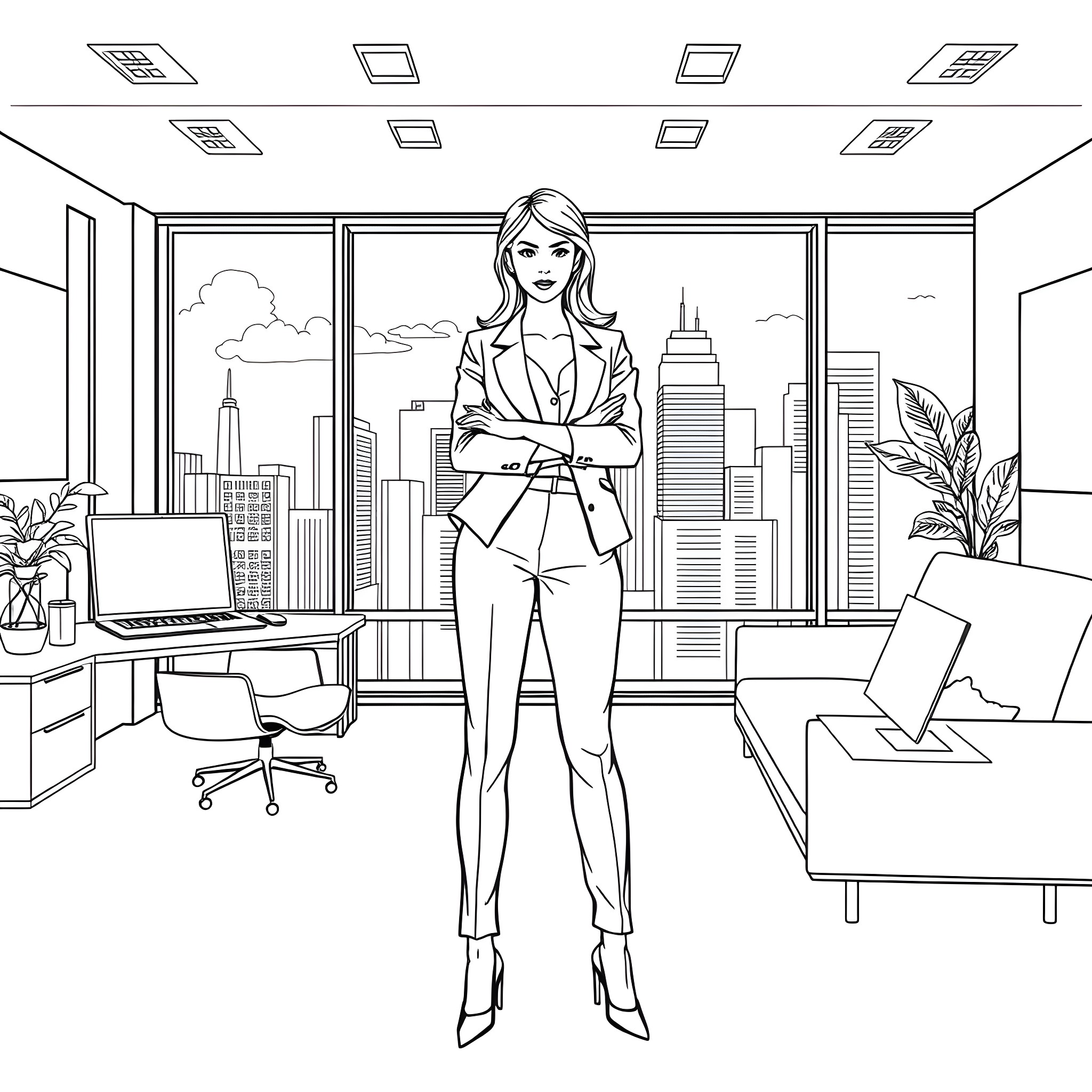 Woman standing confidently in a modern office Coloring Page (free black-and-white line drawing printable PDF for all, from beginners to advanced learners, including children, teens, adults, and seniors)