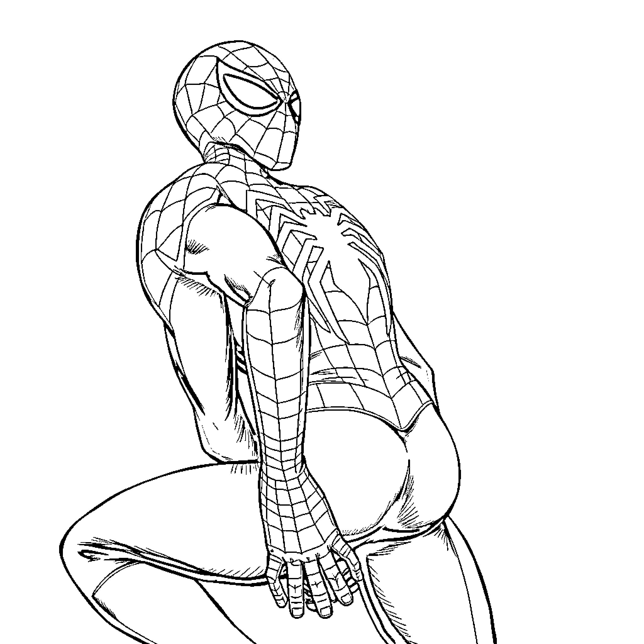 Spiderman in action pose with intricate web-like costume Coloring Page (free black-and-white line drawing printable PDF for all, from beginners to advanced learners, including children, teens, adults, and seniors)