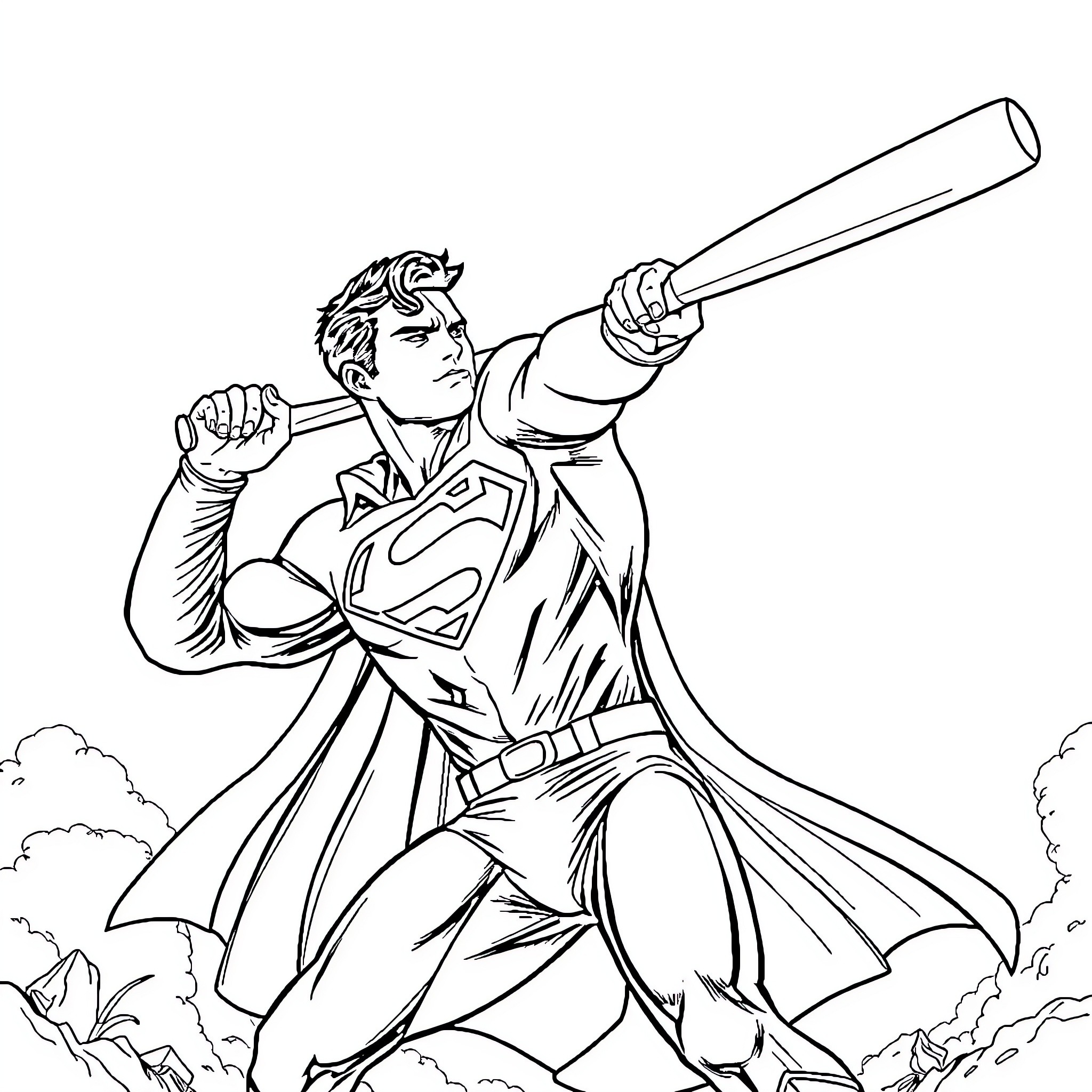 Superman flying and wielding a giant baseball bat Coloring Page (free black-and-white line drawing printable PDF for all, from beginners to advanced learners, including children, teens, adults, and seniors)