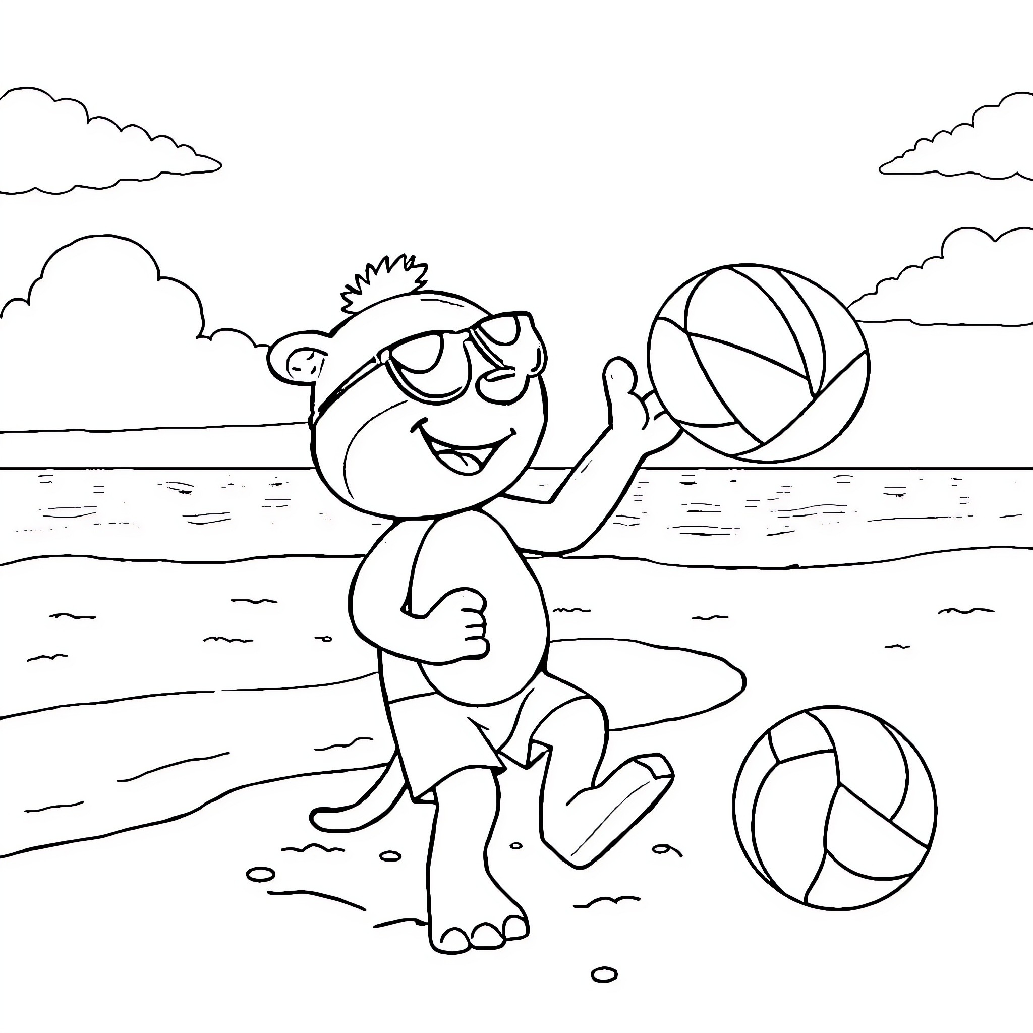 Bluey having fun at the beach with beach balls Coloring Page (free black-and-white line drawing printable PDF for all, from beginners to advanced learners, including children, teens, adults, and seniors)