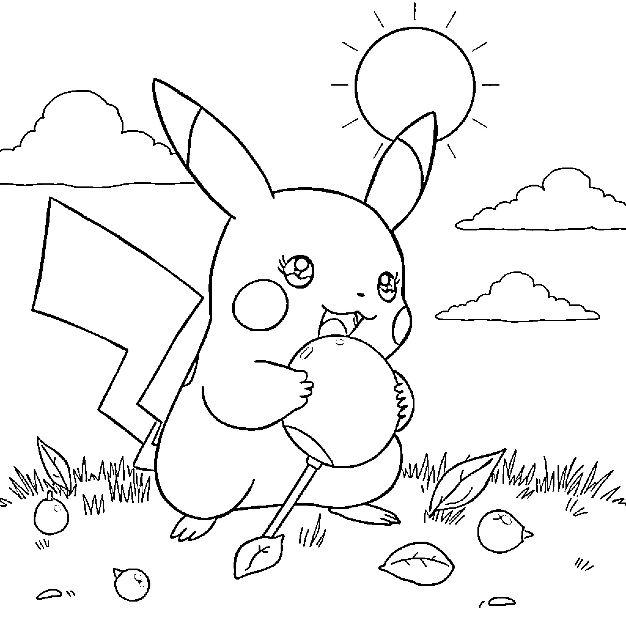 Pikachu enjoying a sunny day outdoors Coloring Page (free black-and-white line drawing printable PDF for all, from beginners to advanced learners, including children, teens, adults, and seniors)