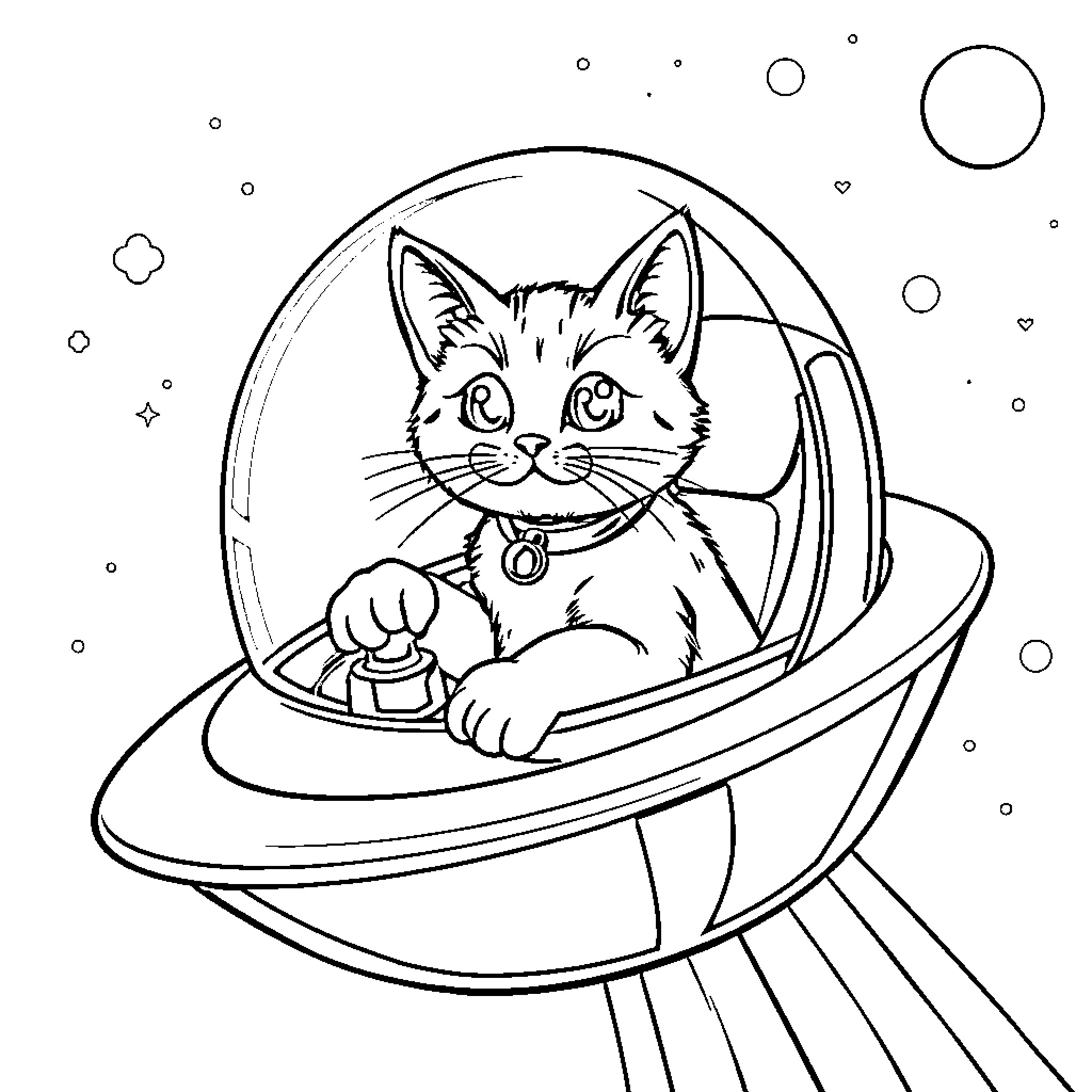 Cat in a futuristic spacecraft Coloring Page (free black-and-white line drawing printable PDF for all, from beginners to advanced learners, including children, teens, adults, and seniors)