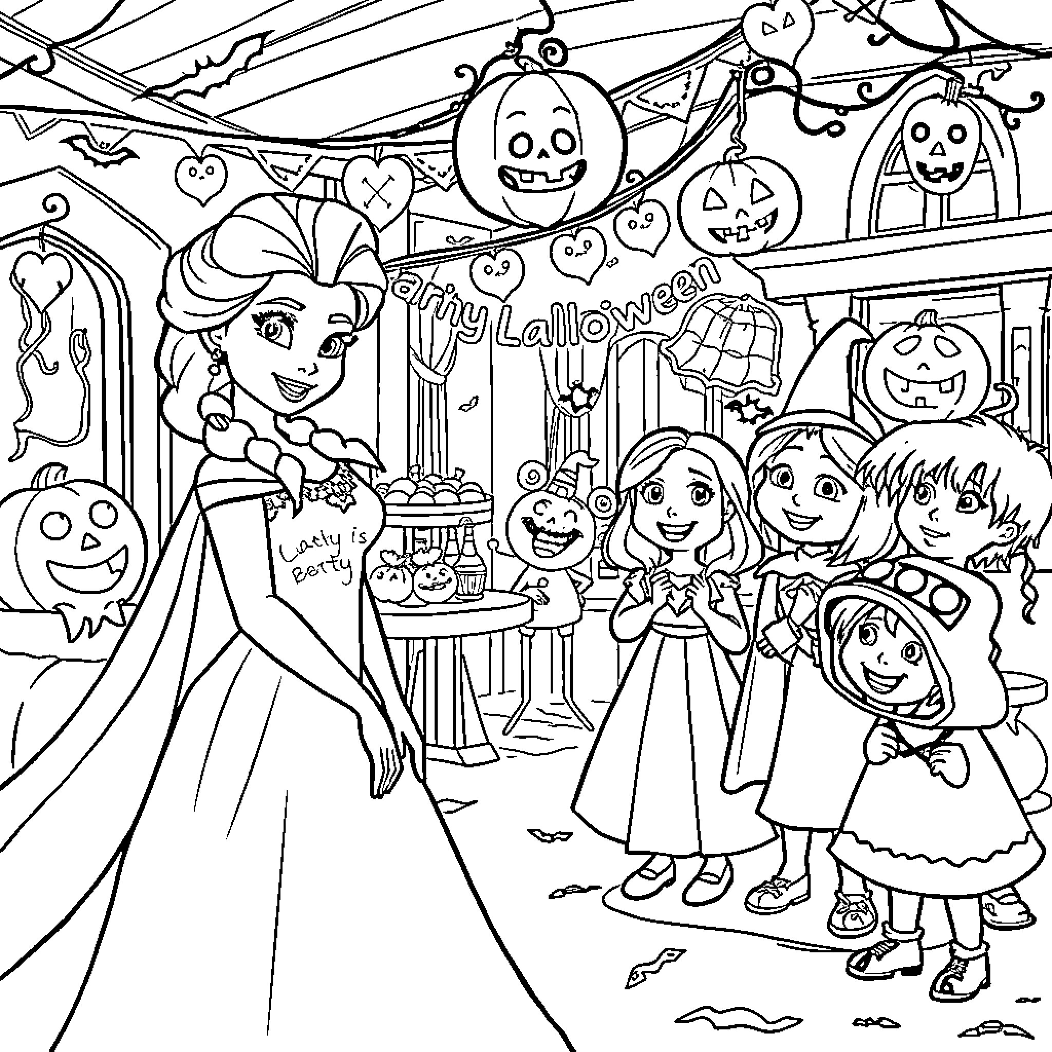 Elsa's Halloween Party with Friends Coloring Page (free black-and-white line drawing printable PDF for all, from beginners to advanced learners, including children, teens, adults, and seniors)
