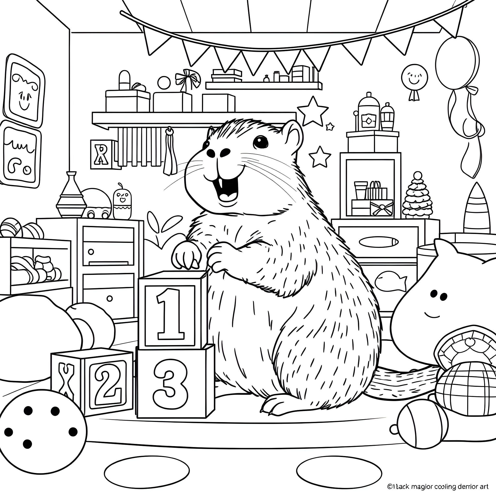 Capybara playing with toys in a playroom Coloring Page (free black-and-white line drawing printable PDF for all, from beginners to advanced learners, including children, teens, adults, and seniors)