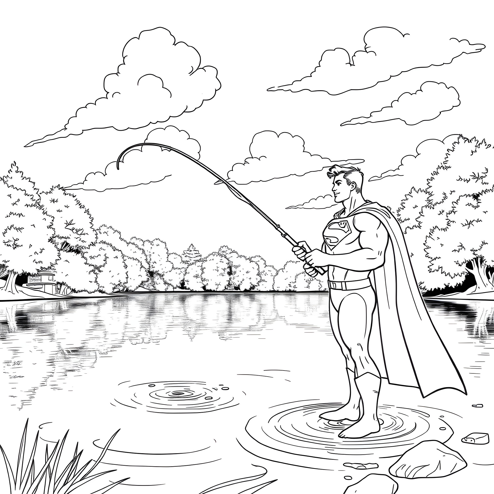 Superman fishing in a serene outdoor scene Coloring Page (free black-and-white line drawing printable PDF for all, from beginners to advanced learners, including children, teens, adults, and seniors)