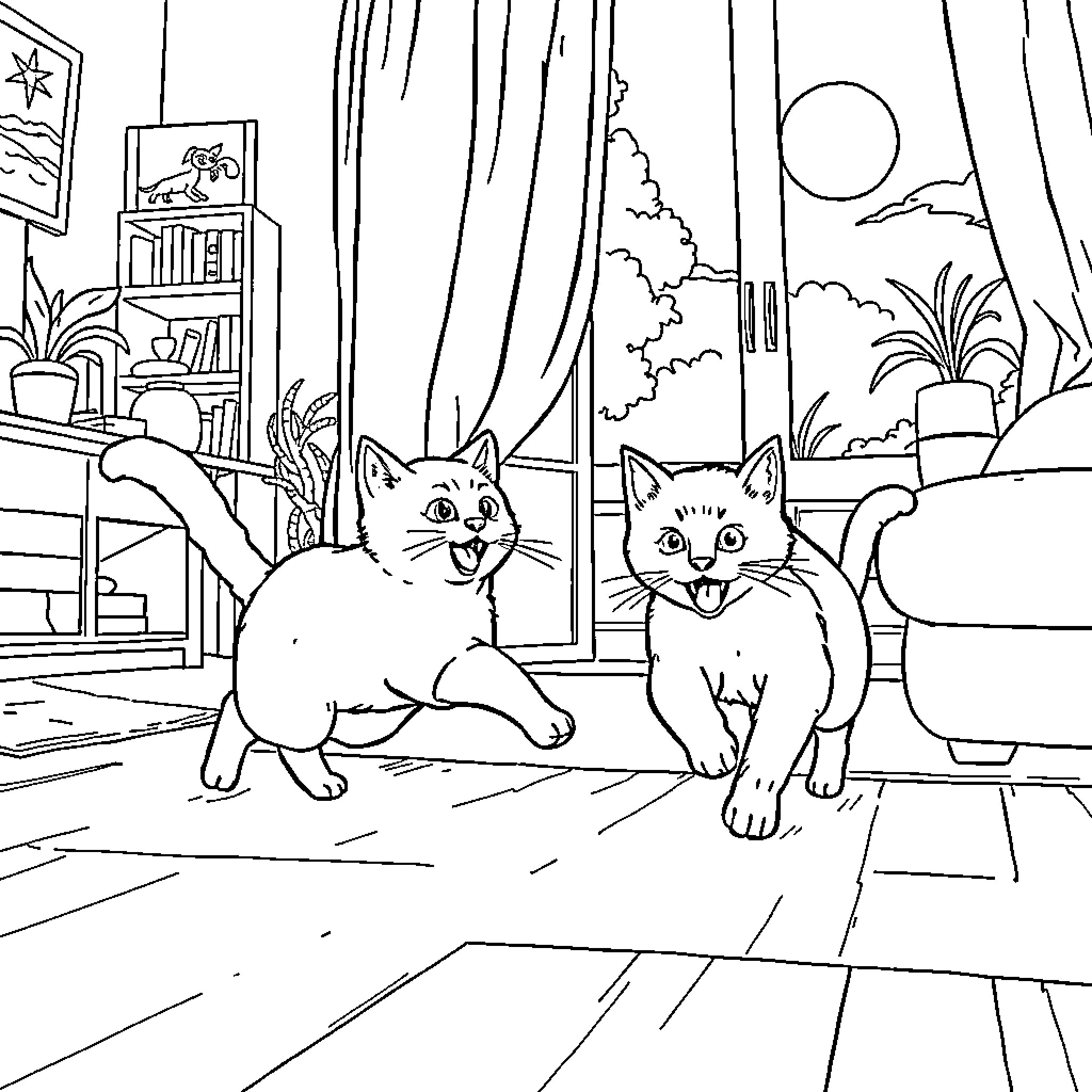 Cats relaxing in a cozy room Coloring Page (free black-and-white line drawing printable PDF for all, from beginners to advanced learners, including children, teens, adults, and seniors)