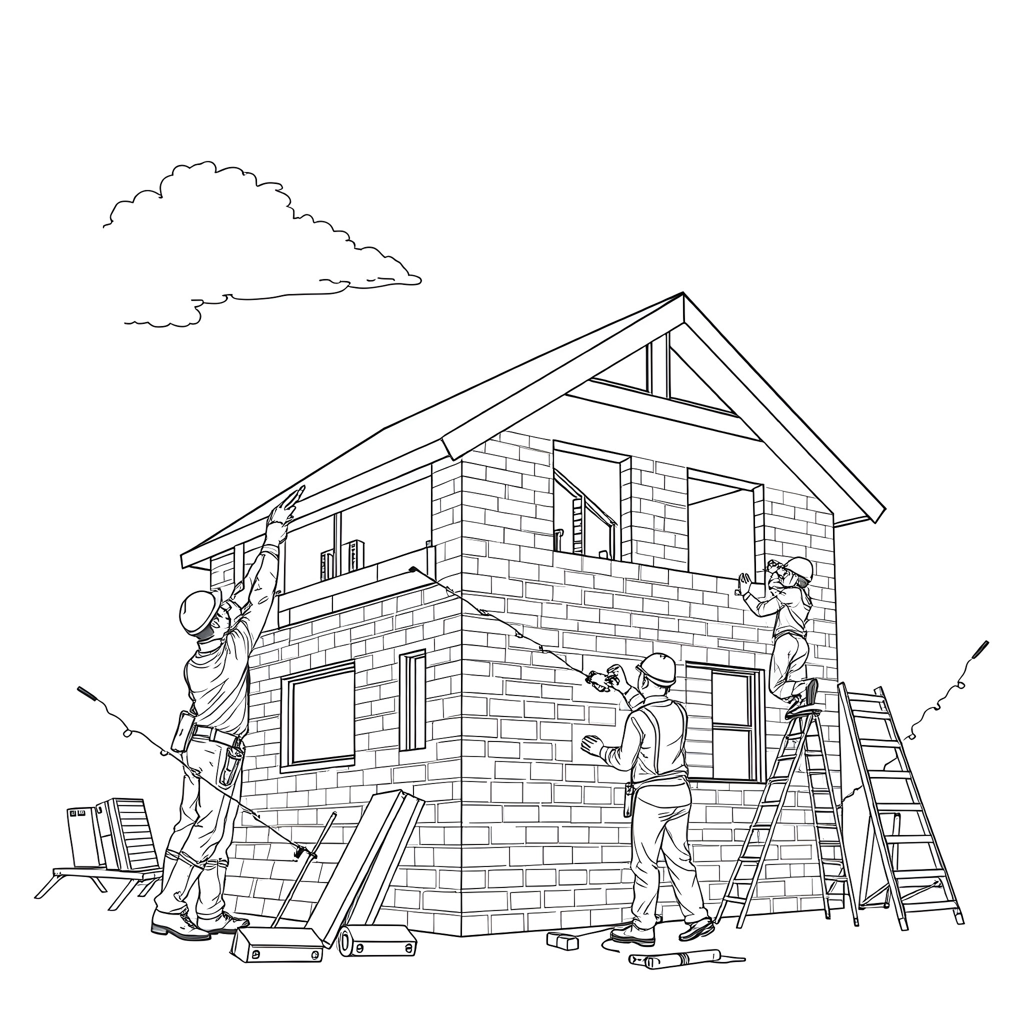 Builder team constructing a new house Coloring Page (free black-and-white line drawing printable PDF for all, from beginners to advanced learners, including children, teens, adults, and seniors)