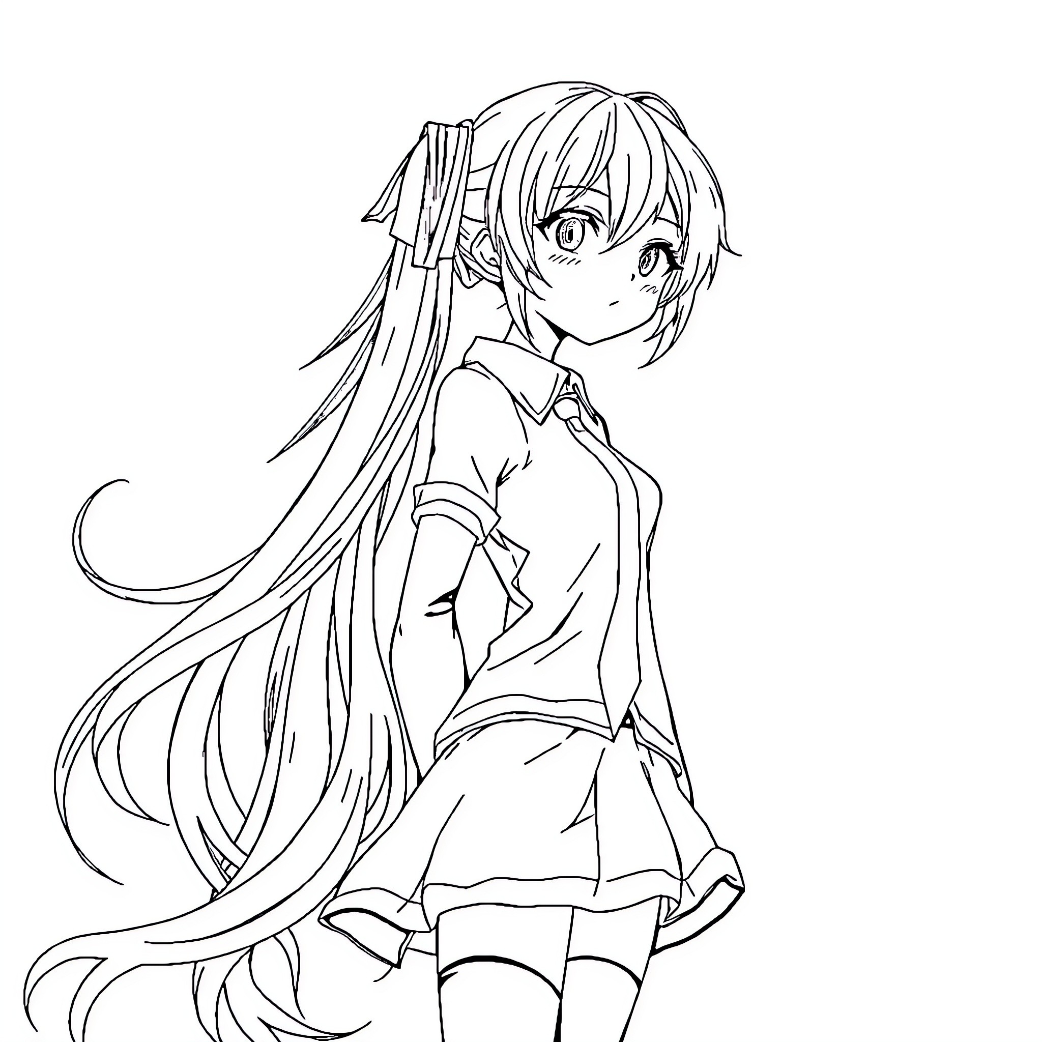 Hatsune Miku in elegant attire with flowing hair Coloring Page (free black-and-white line drawing printable PDF for all, from beginners to advanced learners, including children, teens, adults, and seniors)